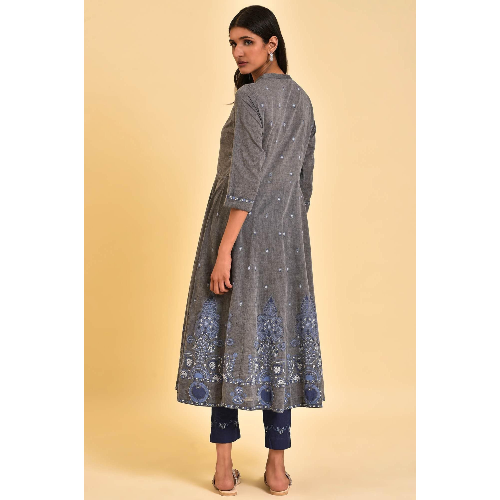 W For Woman Grey Flared Printed Kurta (Size S)-23Few19285-120879