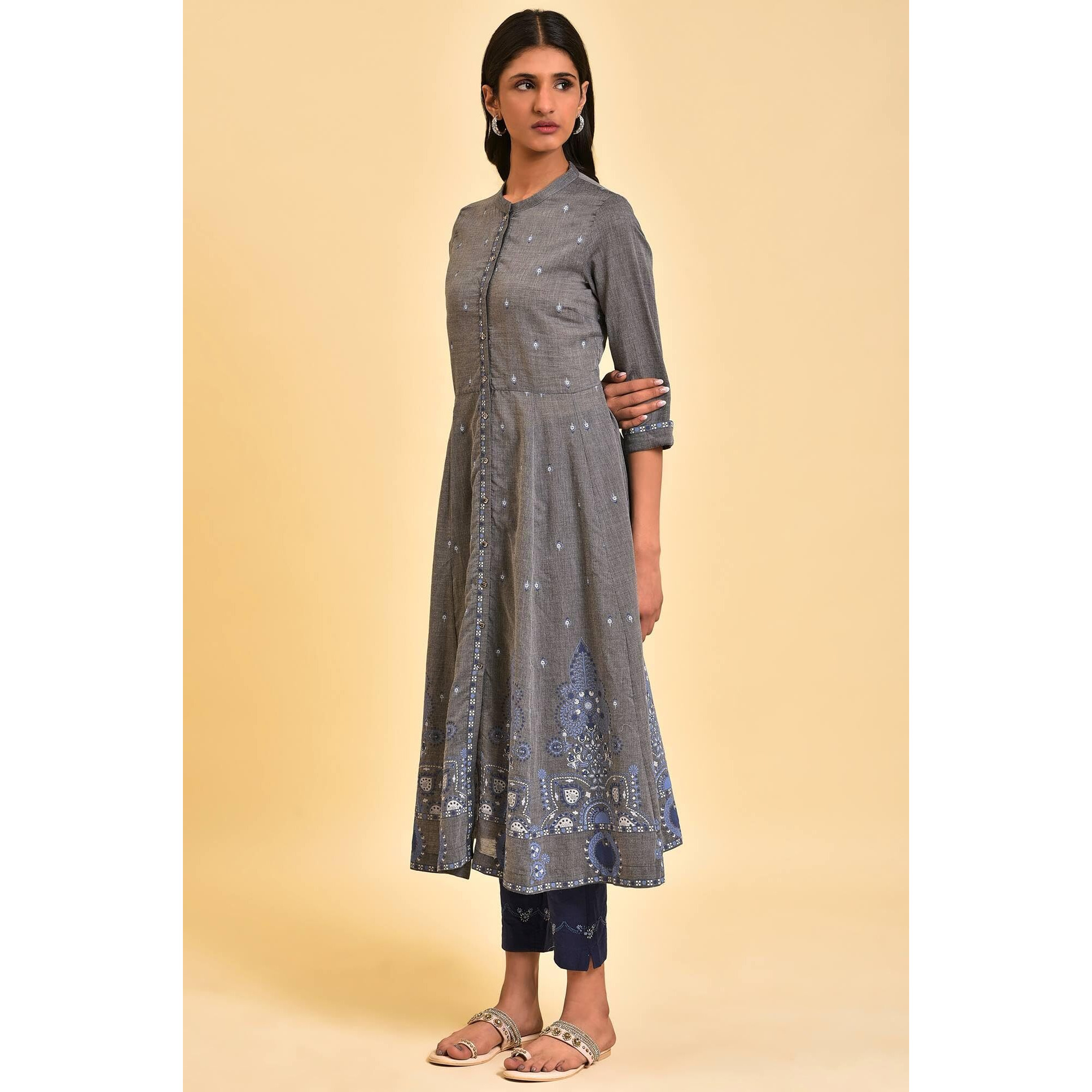 W For Woman Grey Flared Printed Kurta (Size S)-23Few19285-120879