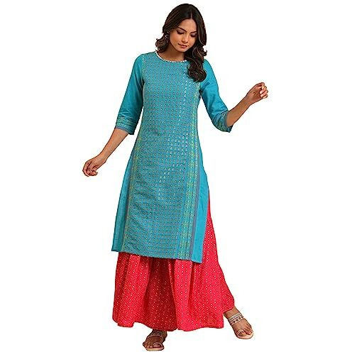 W For Woman Blue Round Neck Dobby Kurta With Sequins (Size L)-23Few19071-312765