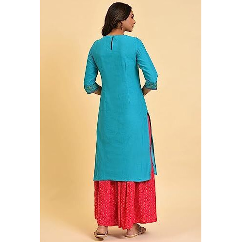W For Woman Blue Round Neck Dobby Kurta With Sequins (Size L)-23Few19071-312765