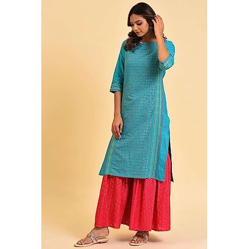 W For Woman Blue Round Neck Dobby Kurta With Sequins (Size L)-23Few19071-312765