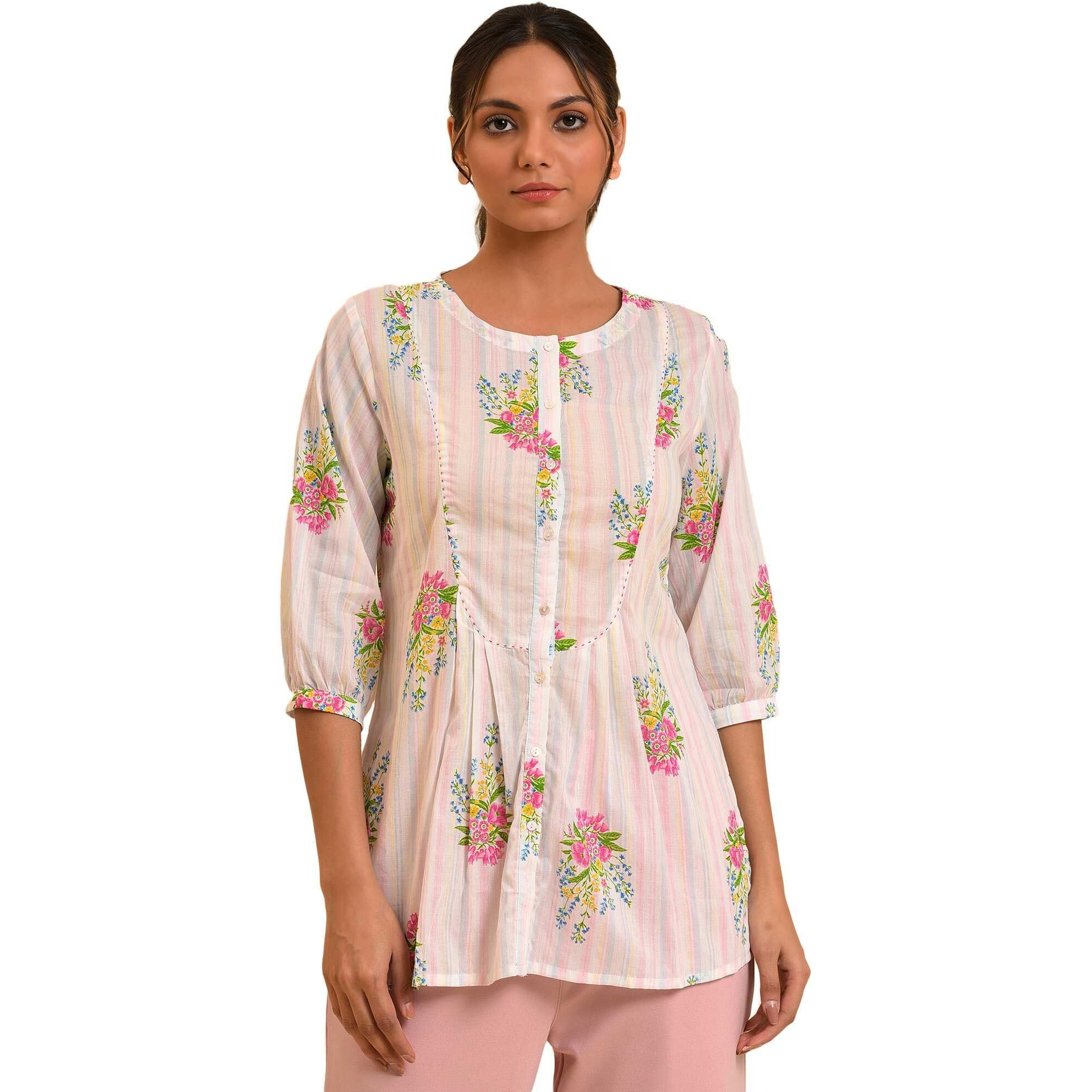 W Ecru Floral Printed Cotton Tunic Top For Women