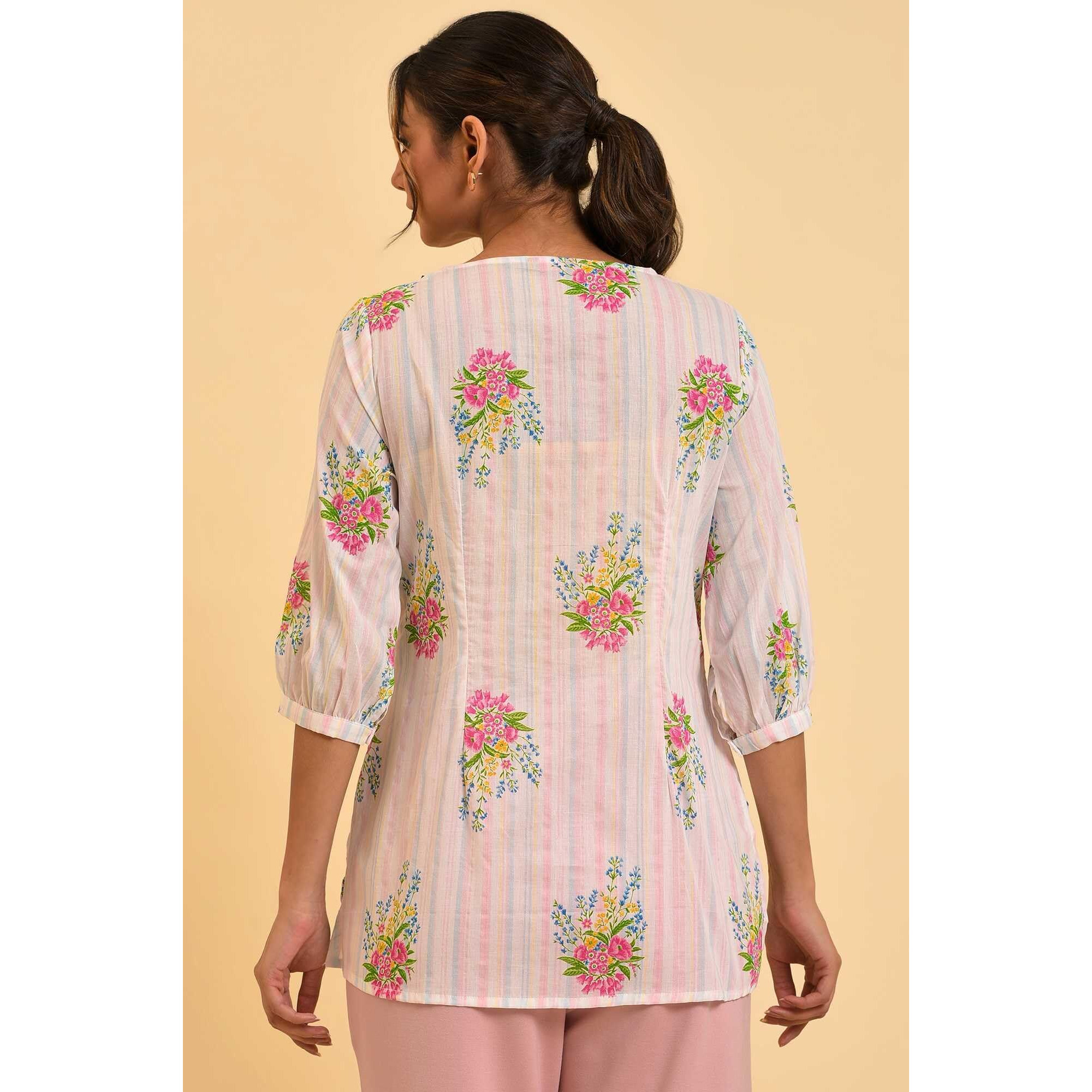 W Ecru Floral Printed Cotton Tunic Top For Women