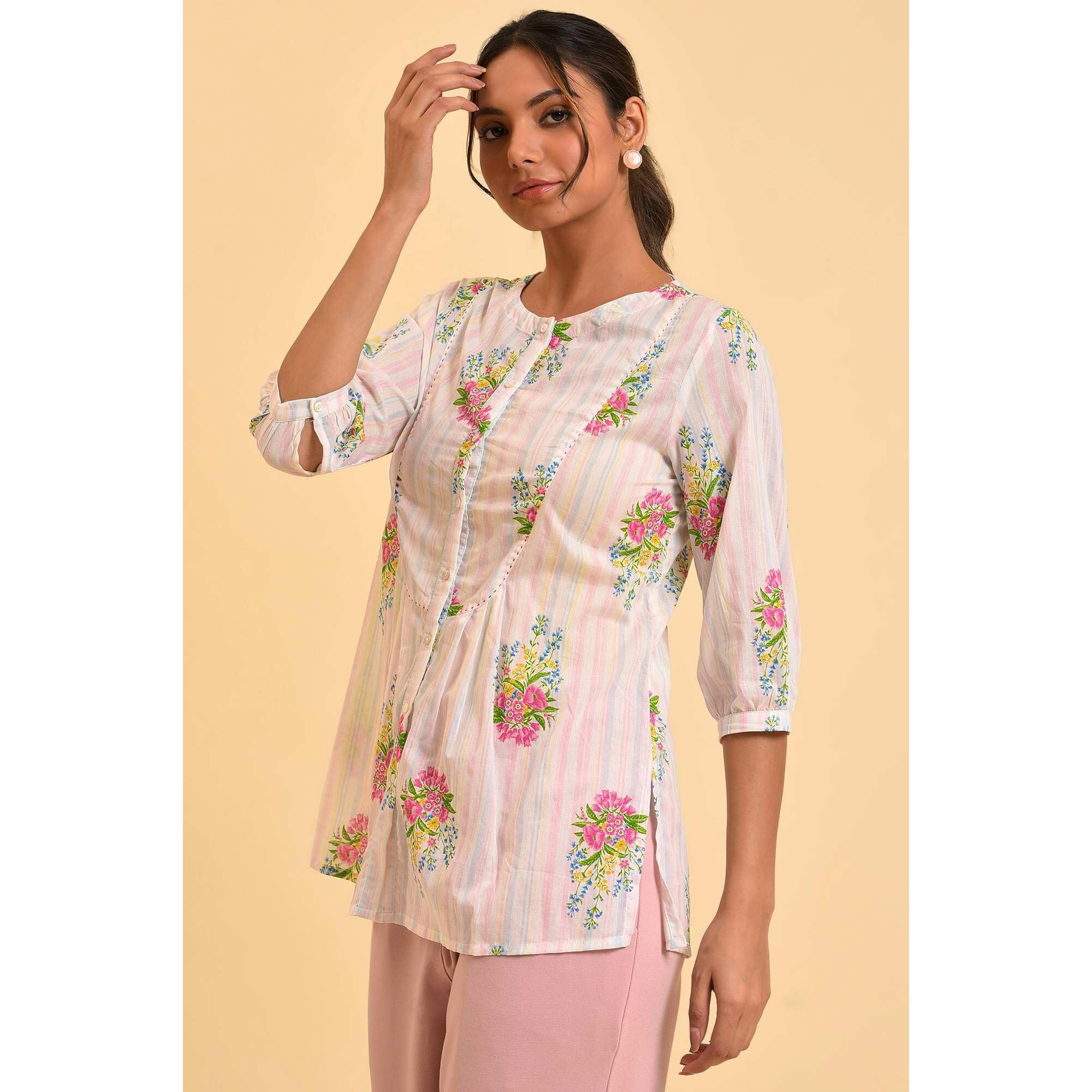 W Ecru Floral Printed Cotton Tunic Top For Women