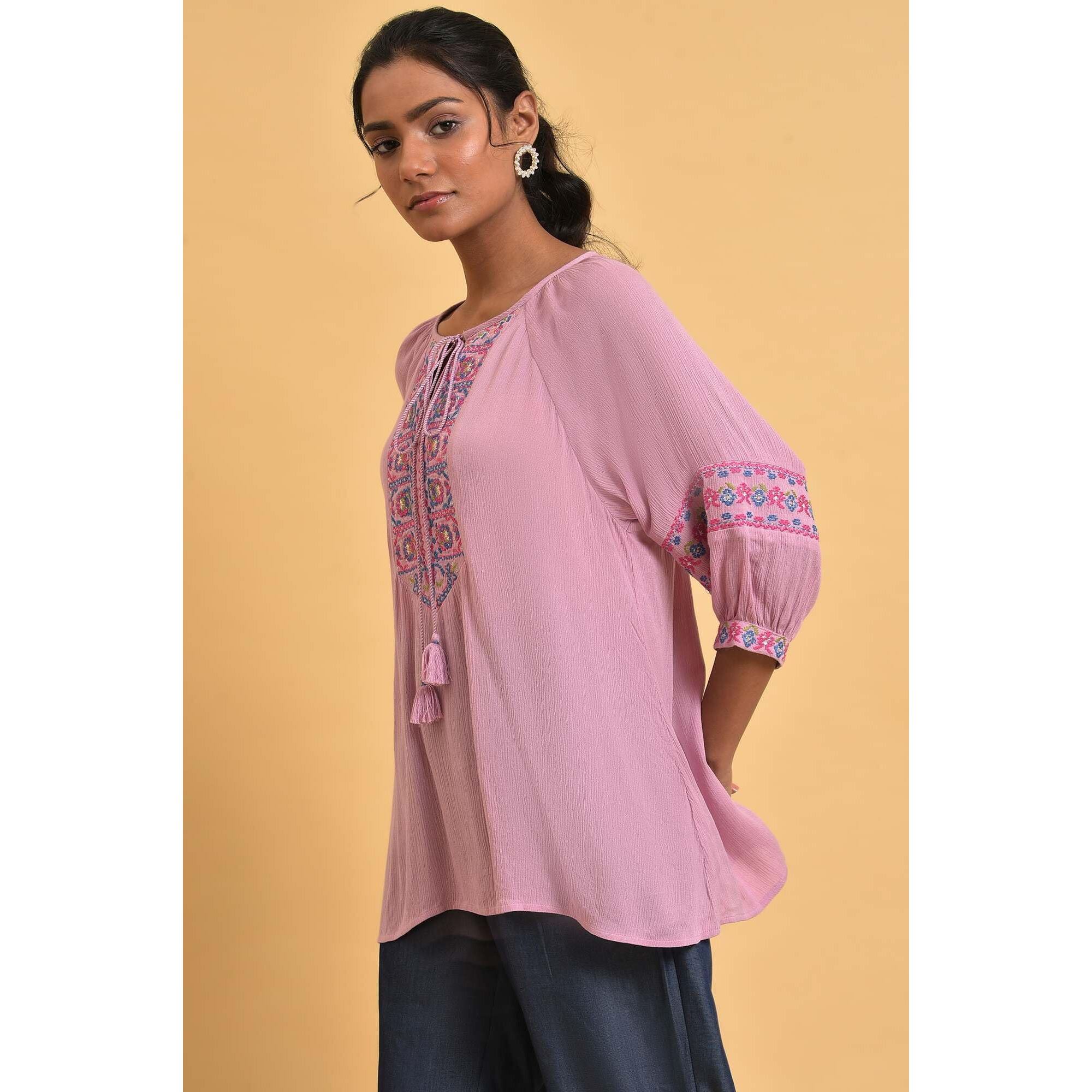 W Pink Embroidered Tunic Top For Women