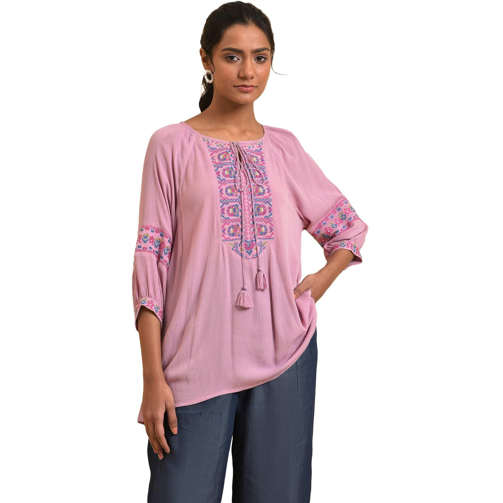 W Pink Embroidered Tunic Top For Women