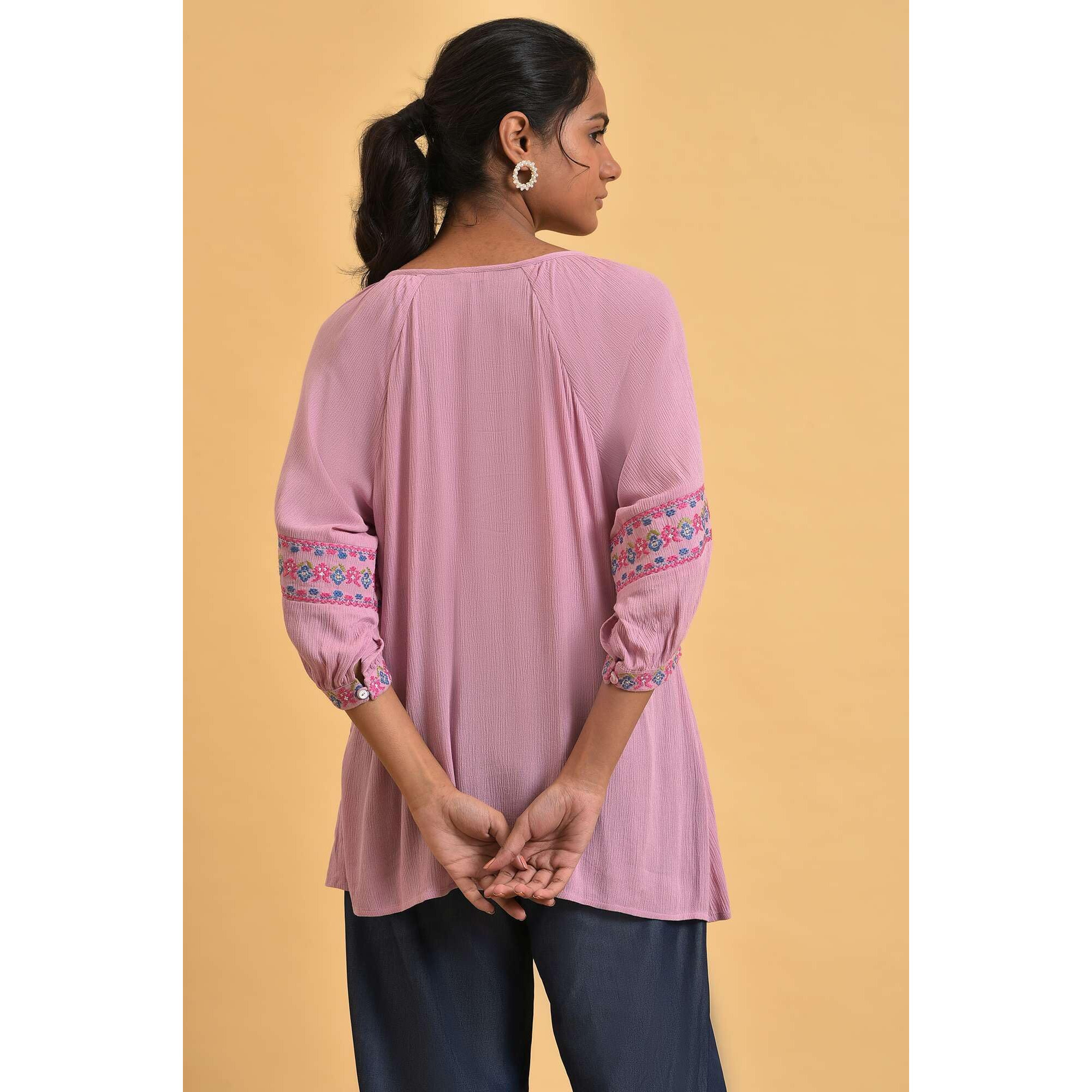 W Pink Embroidered Tunic Top For Women