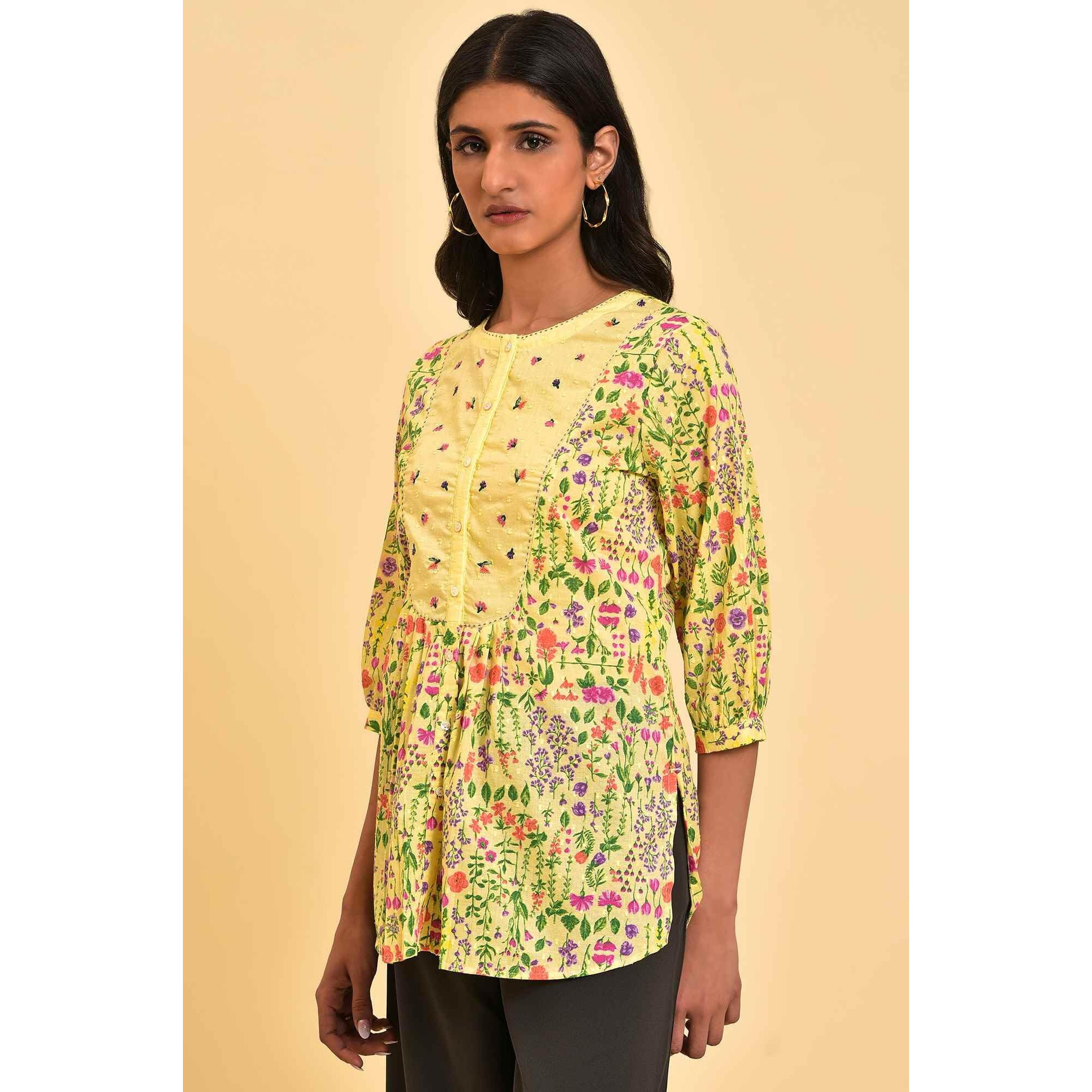 W For Woman Yellow Cotton Floral Printed Tunic Top With Thread Embroidery