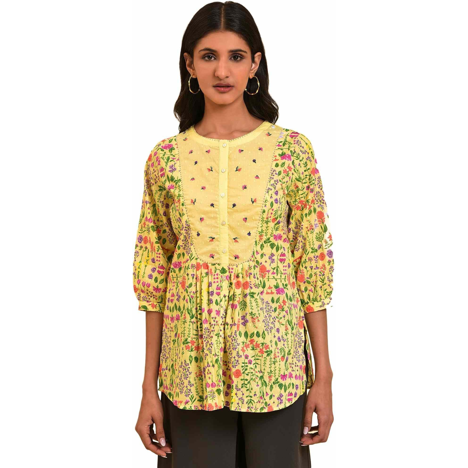 W For Woman Yellow Cotton Floral Printed Tunic Top With Thread Embroidery
