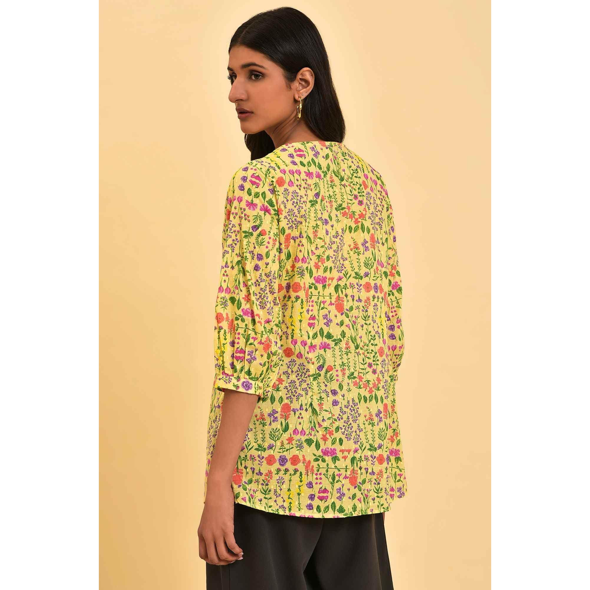 W For Woman Yellow Cotton Floral Printed Tunic Top With Thread Embroidery