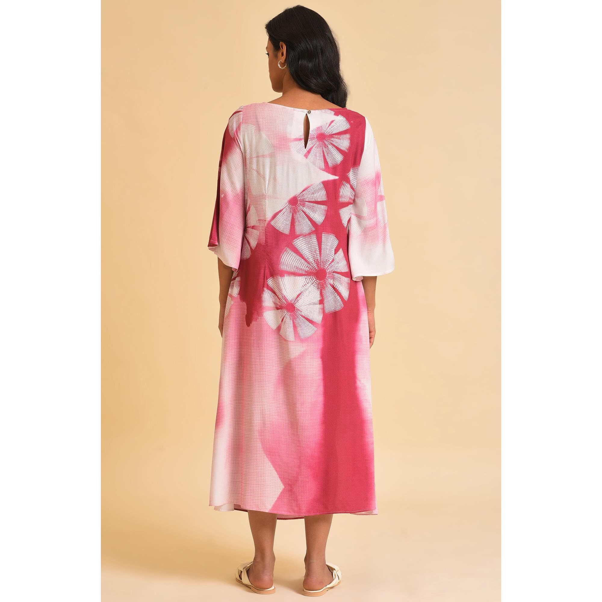 W For Woman Women's Viscose Pink Graphic Print Casual Dress Calf Length 23Few18767-120823_Very Berry
