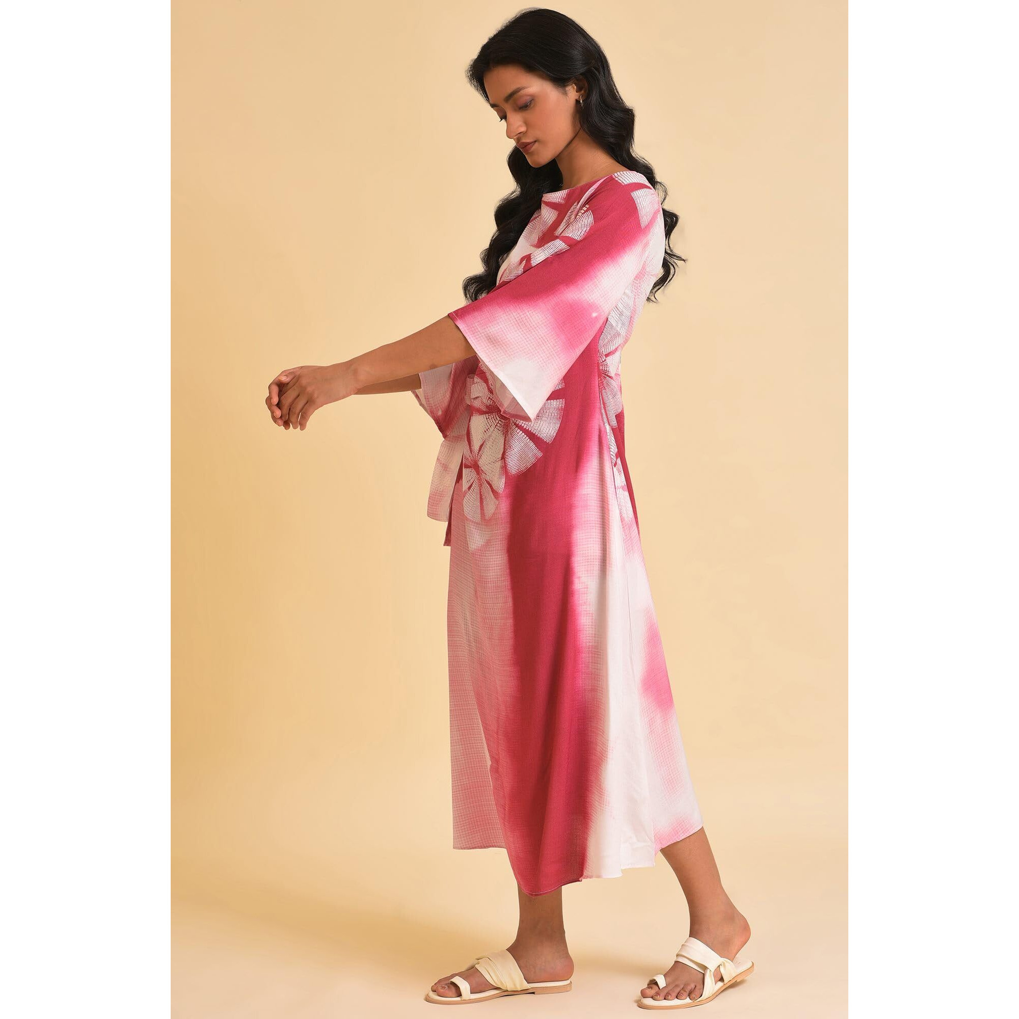 W For Woman Women's Viscose Pink Graphic Print Casual Dress Calf Length 23Few18767-120823_Very Berry