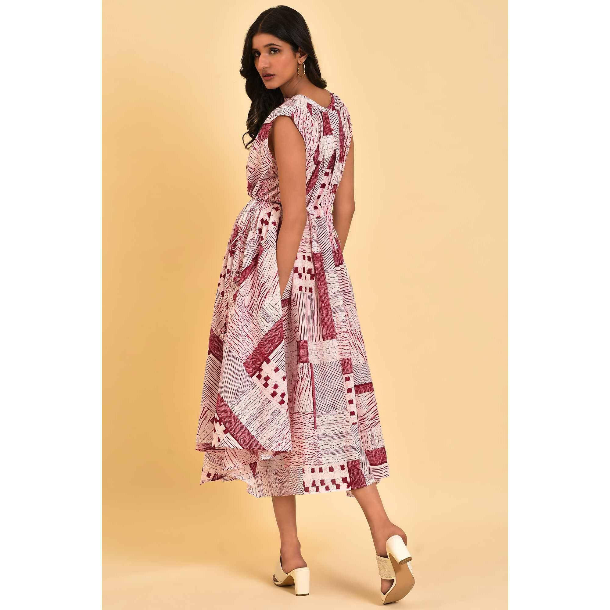 W For Woman Women's Cotton Red Abstract Printed Flared Vacay Dress Ankle Length 23Few18769-120826 Bud