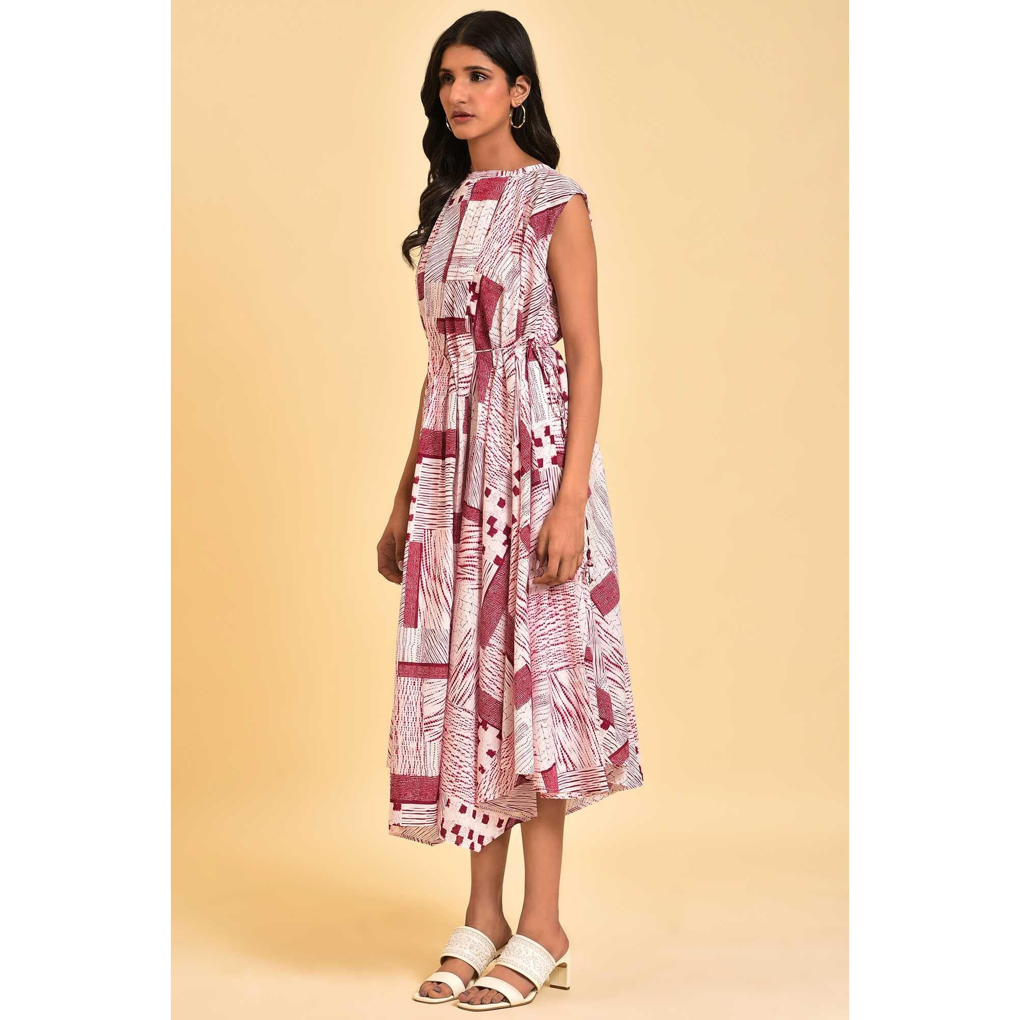 W For Woman Women's Cotton Red Abstract Printed Flared Vacay Dress Ankle Length 23Few18769-120826 Bud