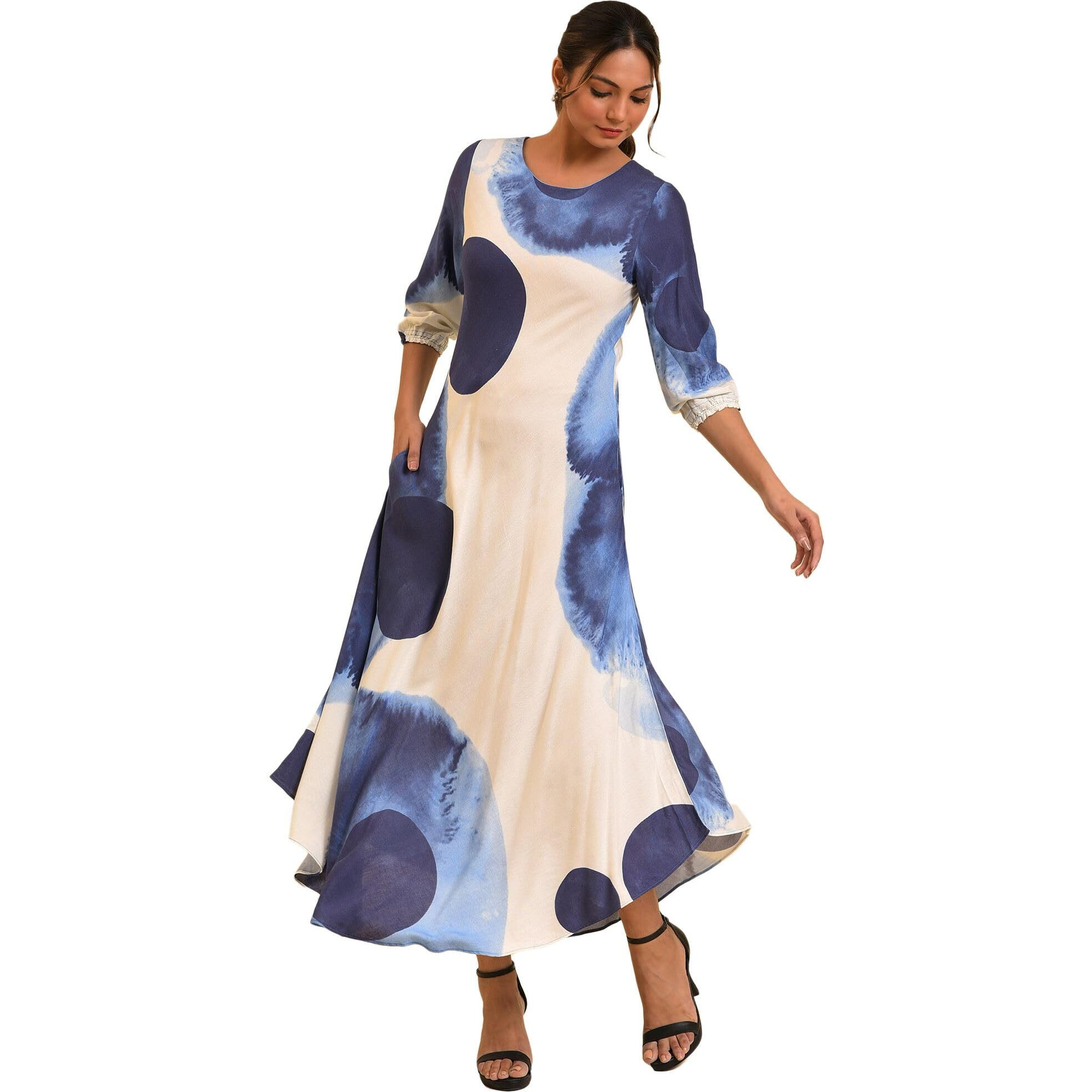 W For Woman Women's Rayon Ecru Flared Dress With Bold Blue Prints Ankle Length 23Few18772-120813