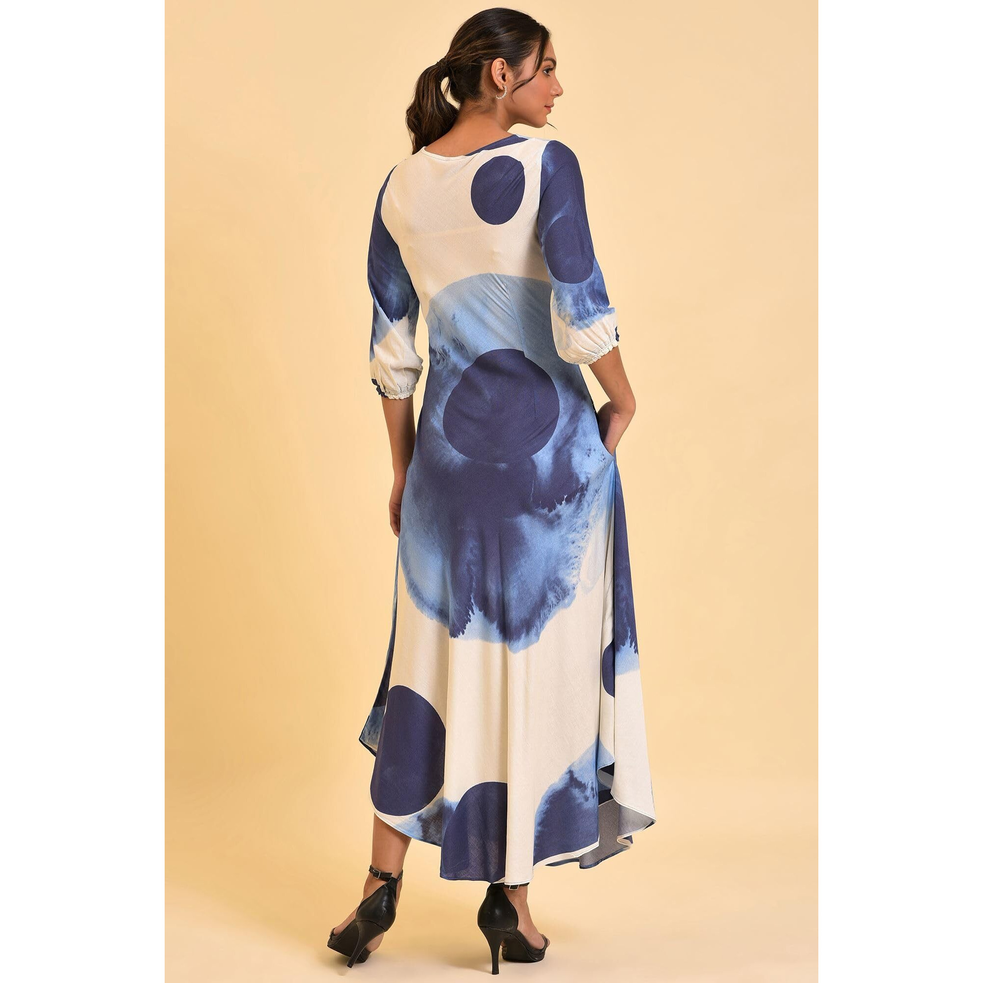 W For Woman Women's Rayon Ecru Flared Dress With Bold Blue Prints Ankle Length 23Few18772-120813