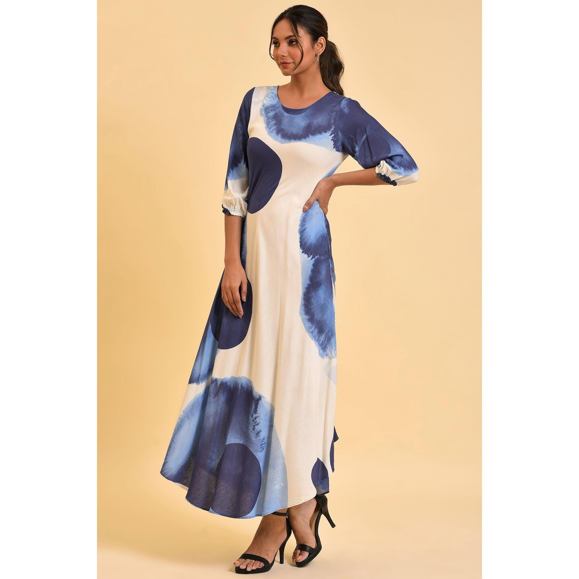 W For Woman Women's Rayon Ecru Flared Dress With Bold Blue Prints Ankle Length 23Few18772-120813