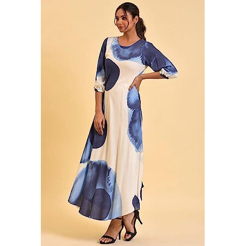 W For Woman Women's Rayon Ecru Flared Dress With Bold Blue Prints Ankle Length 23Few18772-120813