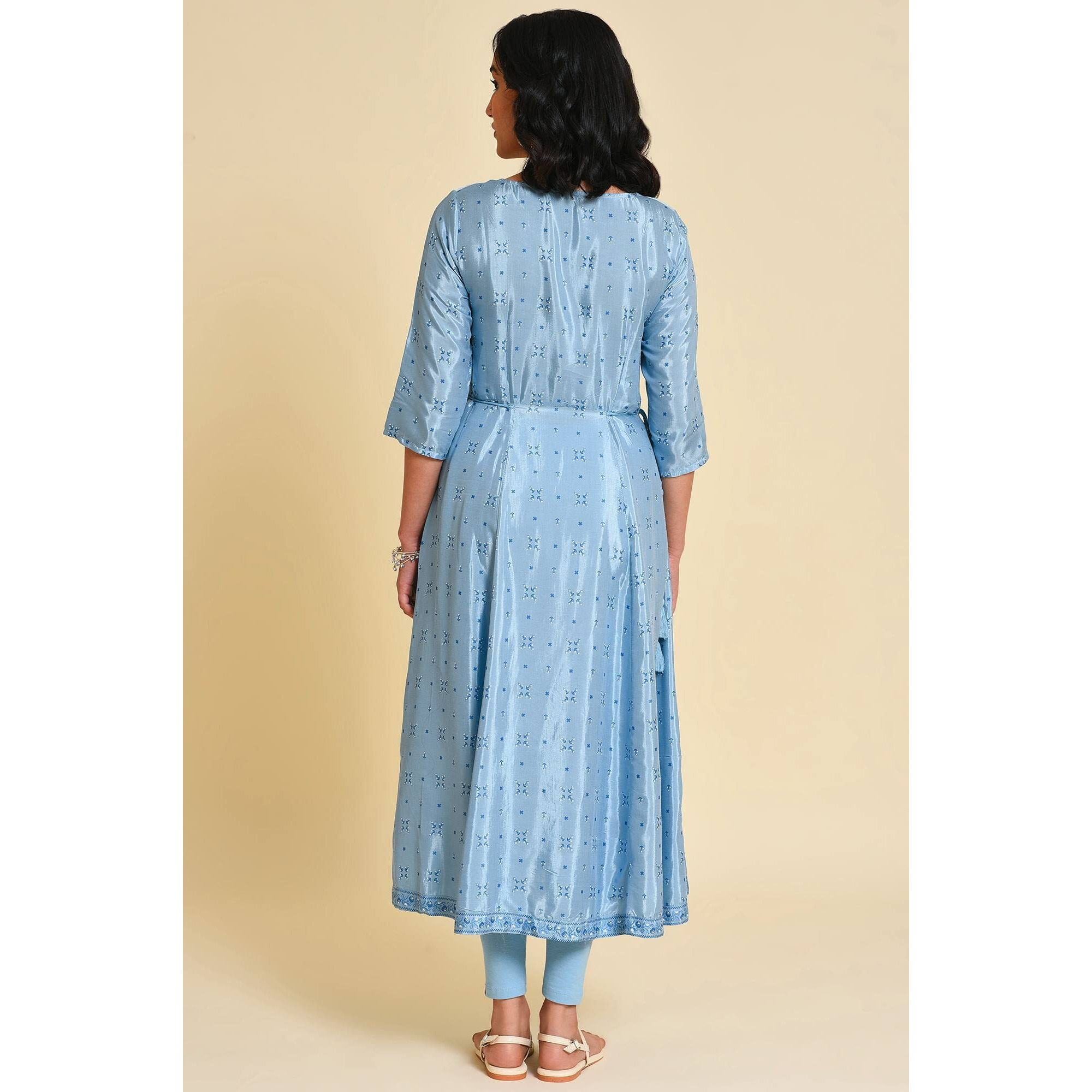 W For Woman Women's Blue Sequined Plus Size Shantung Regular Fit Kurta_23Few18656G-119830_4Xl