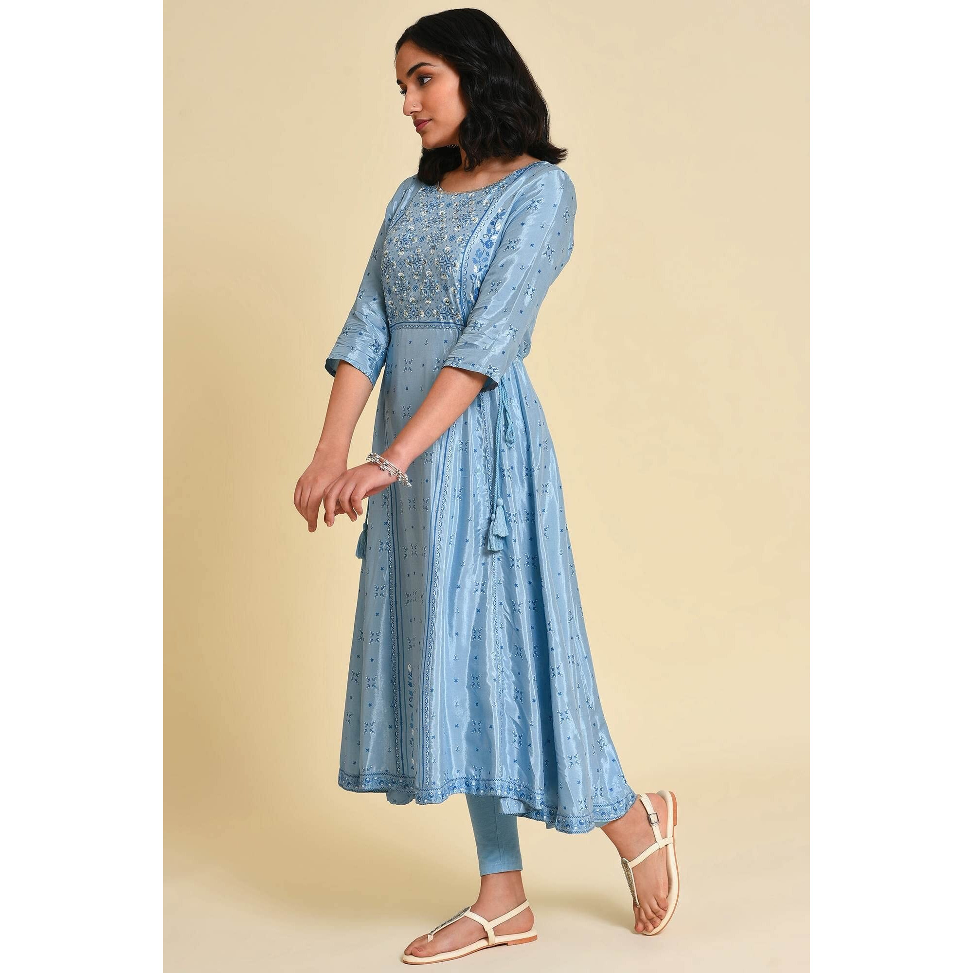 W For Woman Women's Blue Sequined Plus Size Shantung Regular Fit Kurta_23Few18656G-119830_4Xl