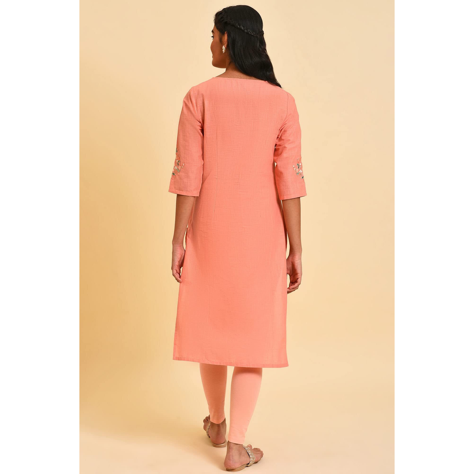 W For Woman Peach Glitter Printed Straight Kurta_23Few19367-121376_Xl_14