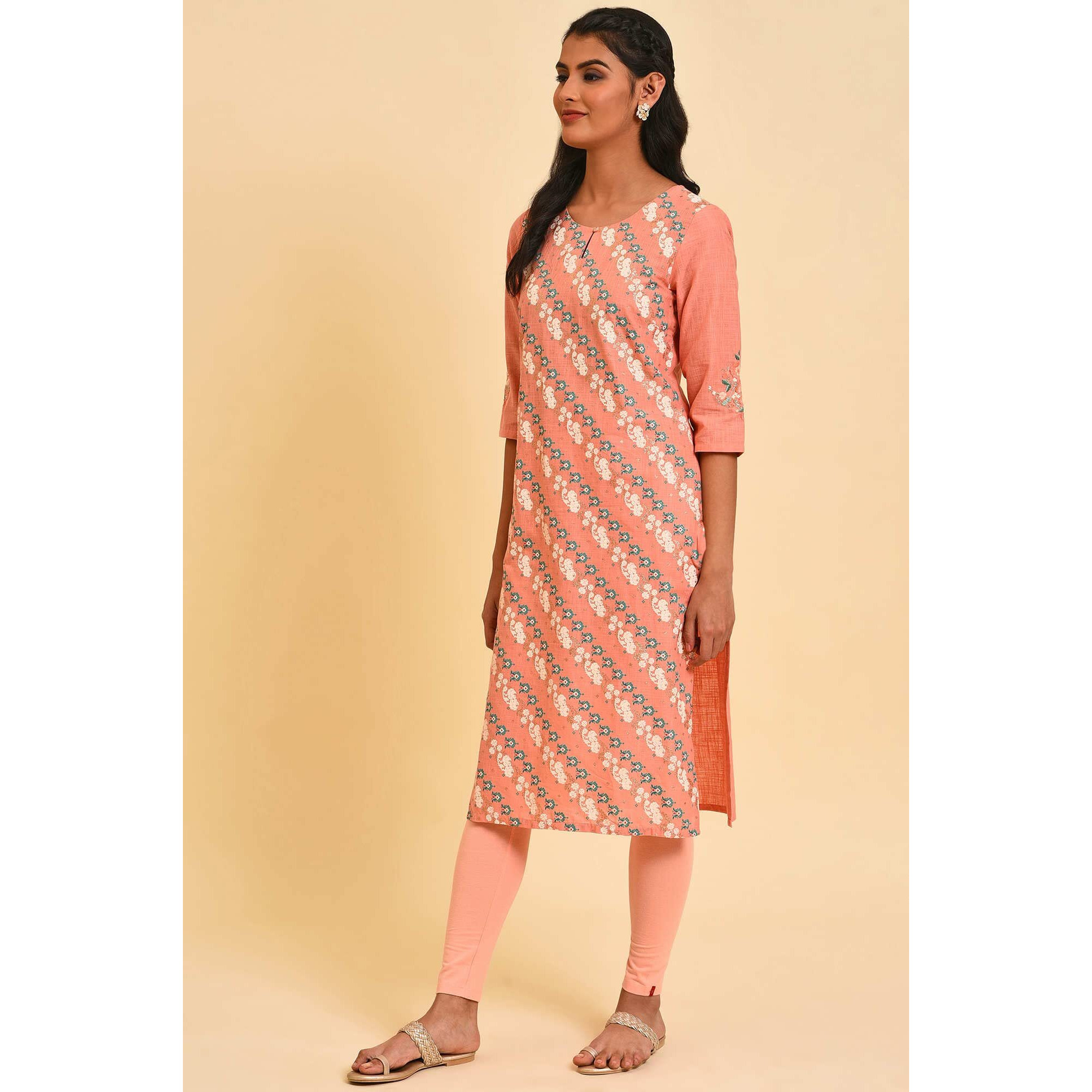 W For Woman Peach Glitter Printed Straight Kurta_23Few19367-121376_Xl_14