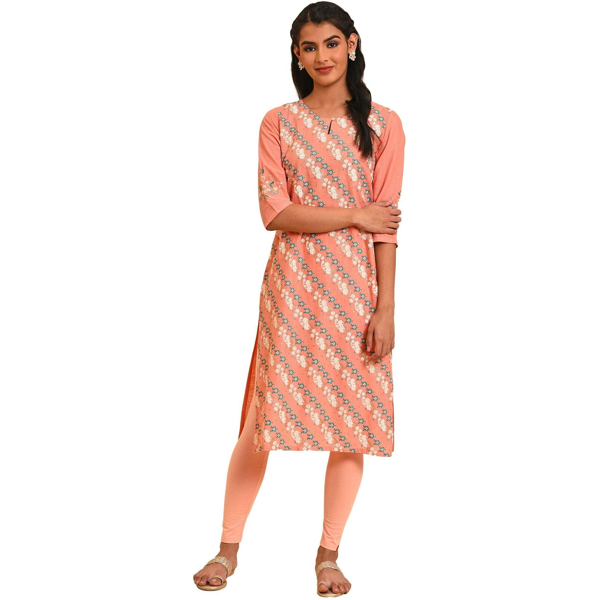 W For Woman Peach Glitter Printed Straight Kurta_23Few19367-121376_3Xl_18