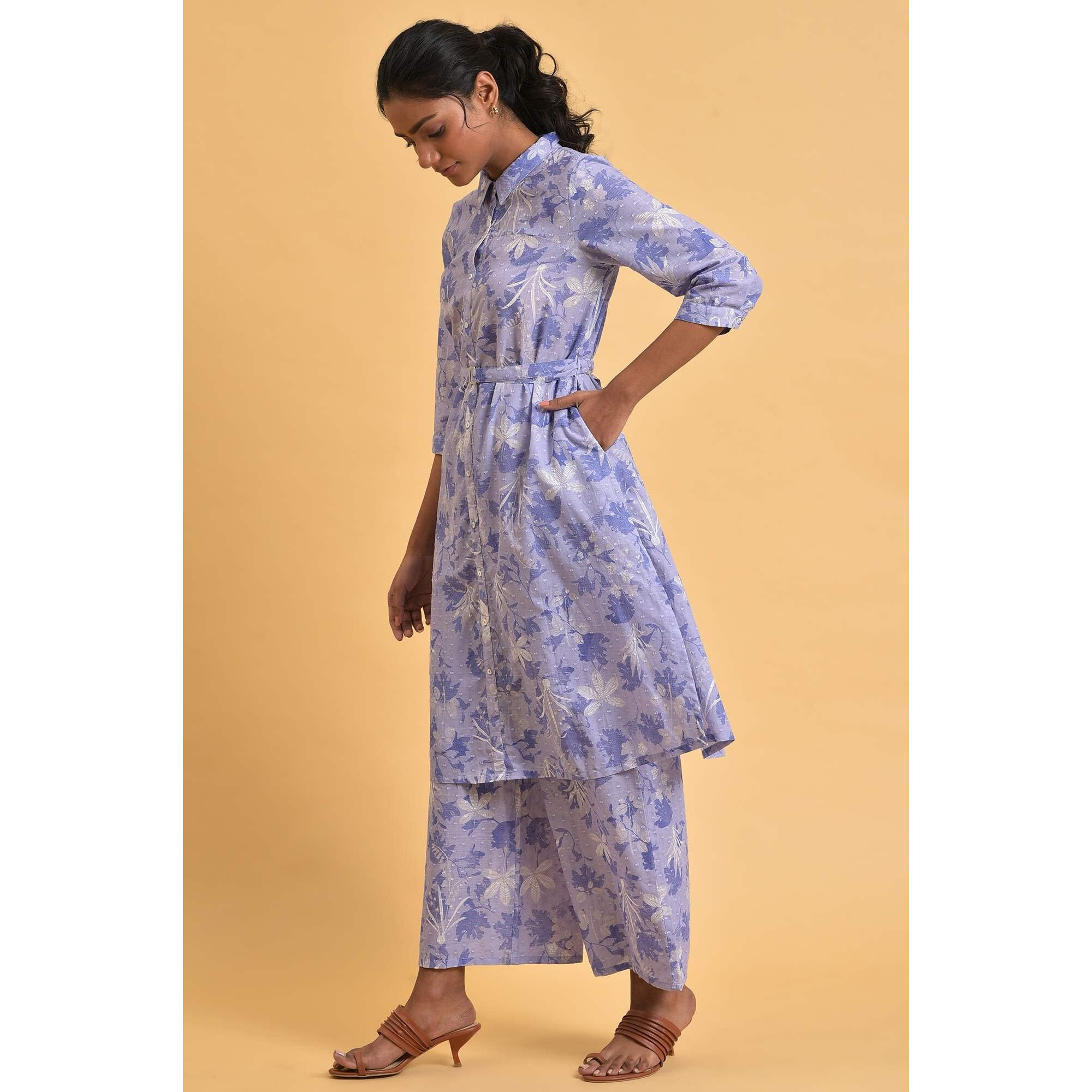 W For Woman Women's Cotton Kurta & Flared Pant (23Fews19344-121046_Lavender Blue