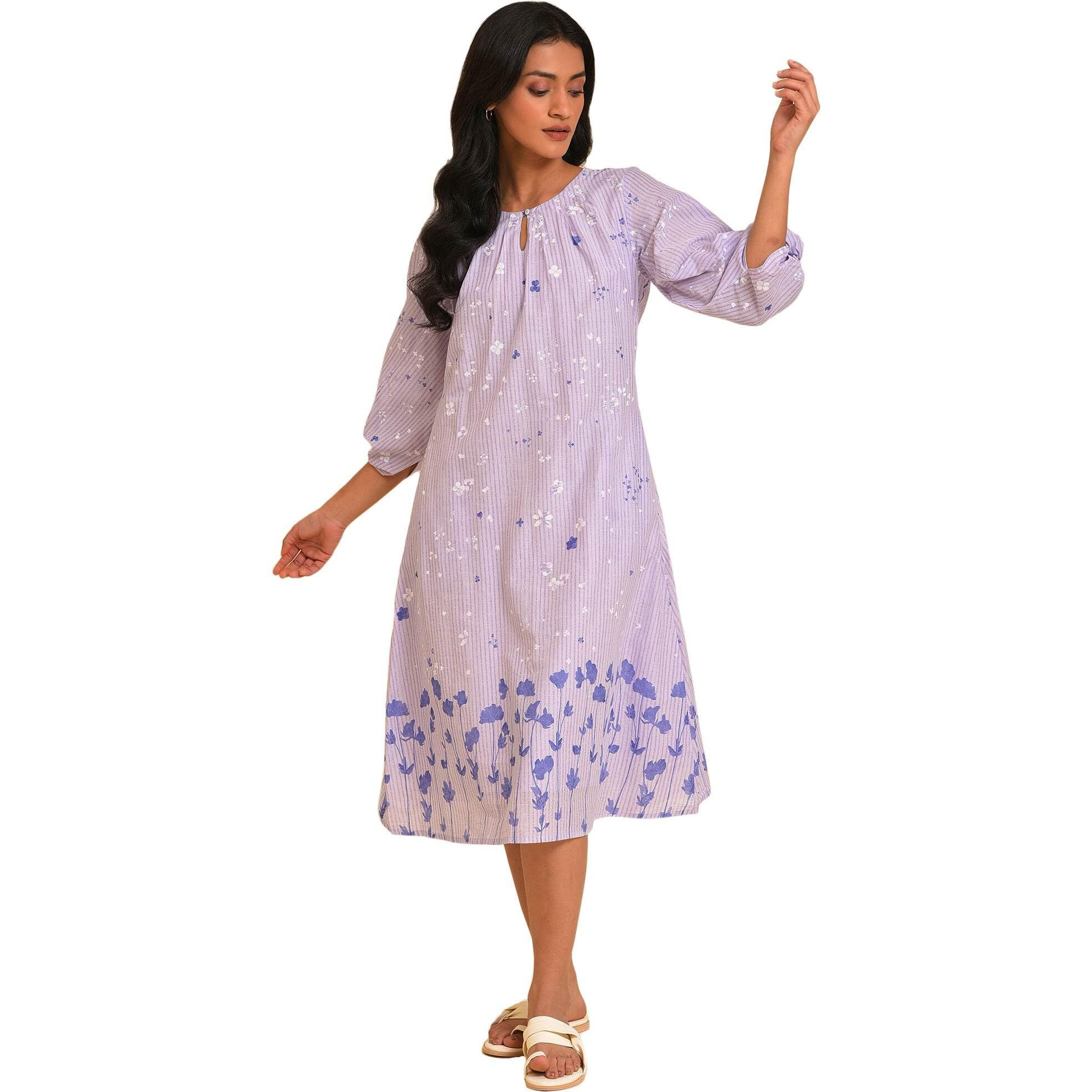 W For Woman Ecru Floral Printed Cotton A-Line Dress With Thread Embroidery