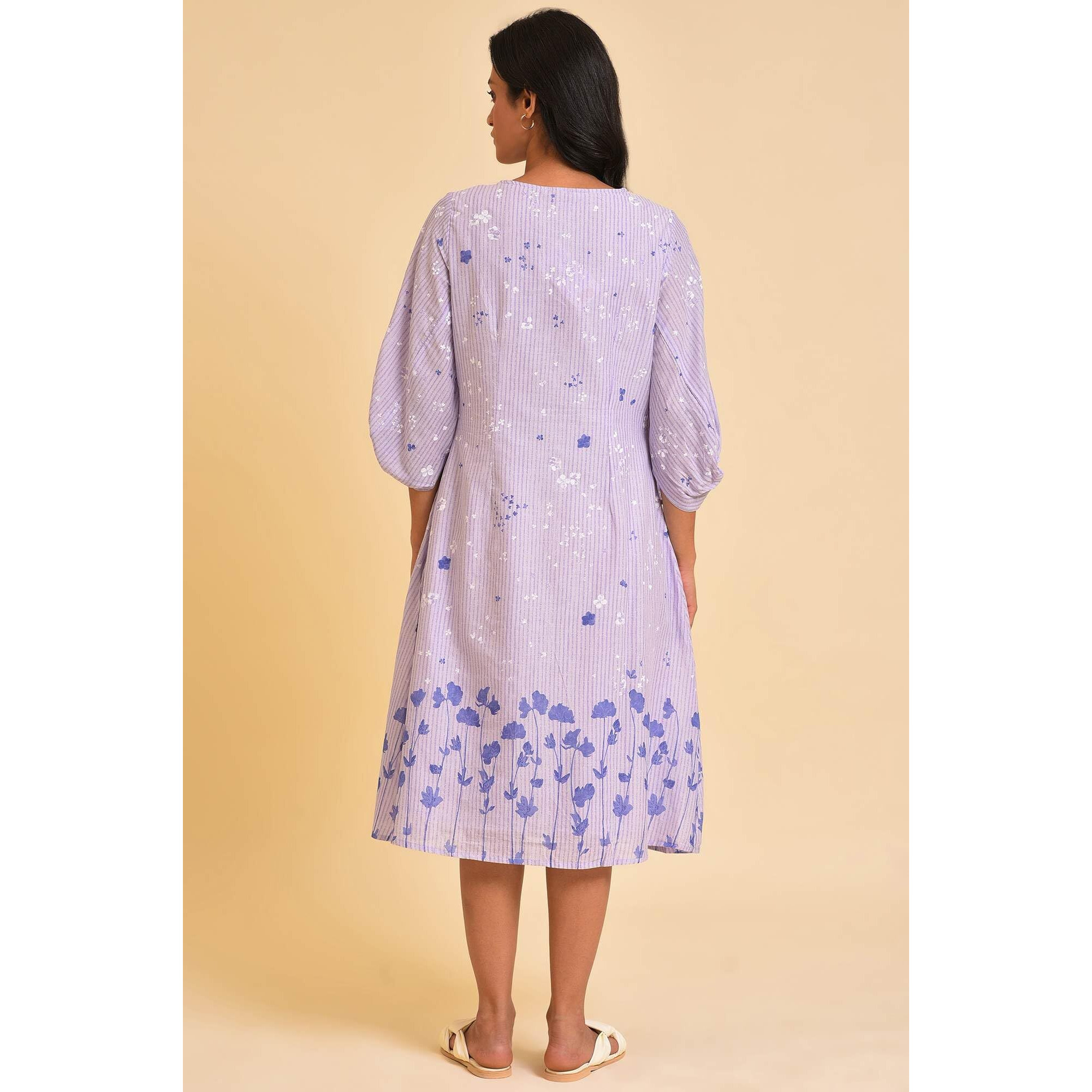 W For Woman Ecru Floral Printed Cotton A-Line Dress With Thread Embroidery