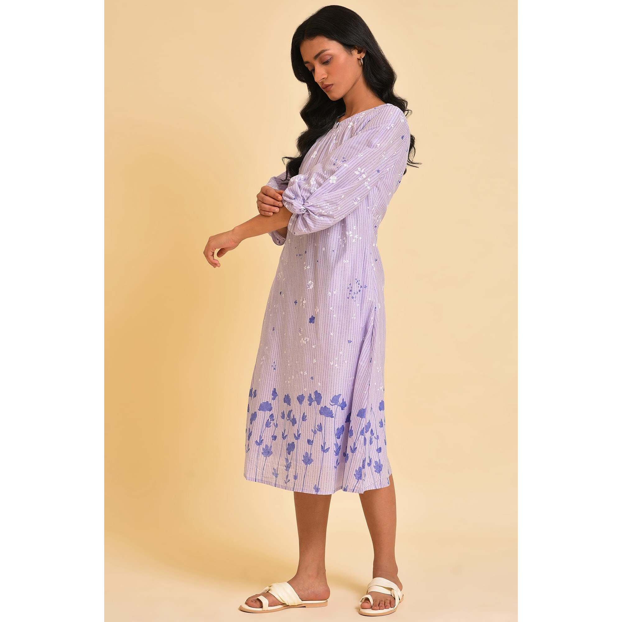 W For Woman Ecru Floral Printed Cotton A-Line Dress With Thread Embroidery