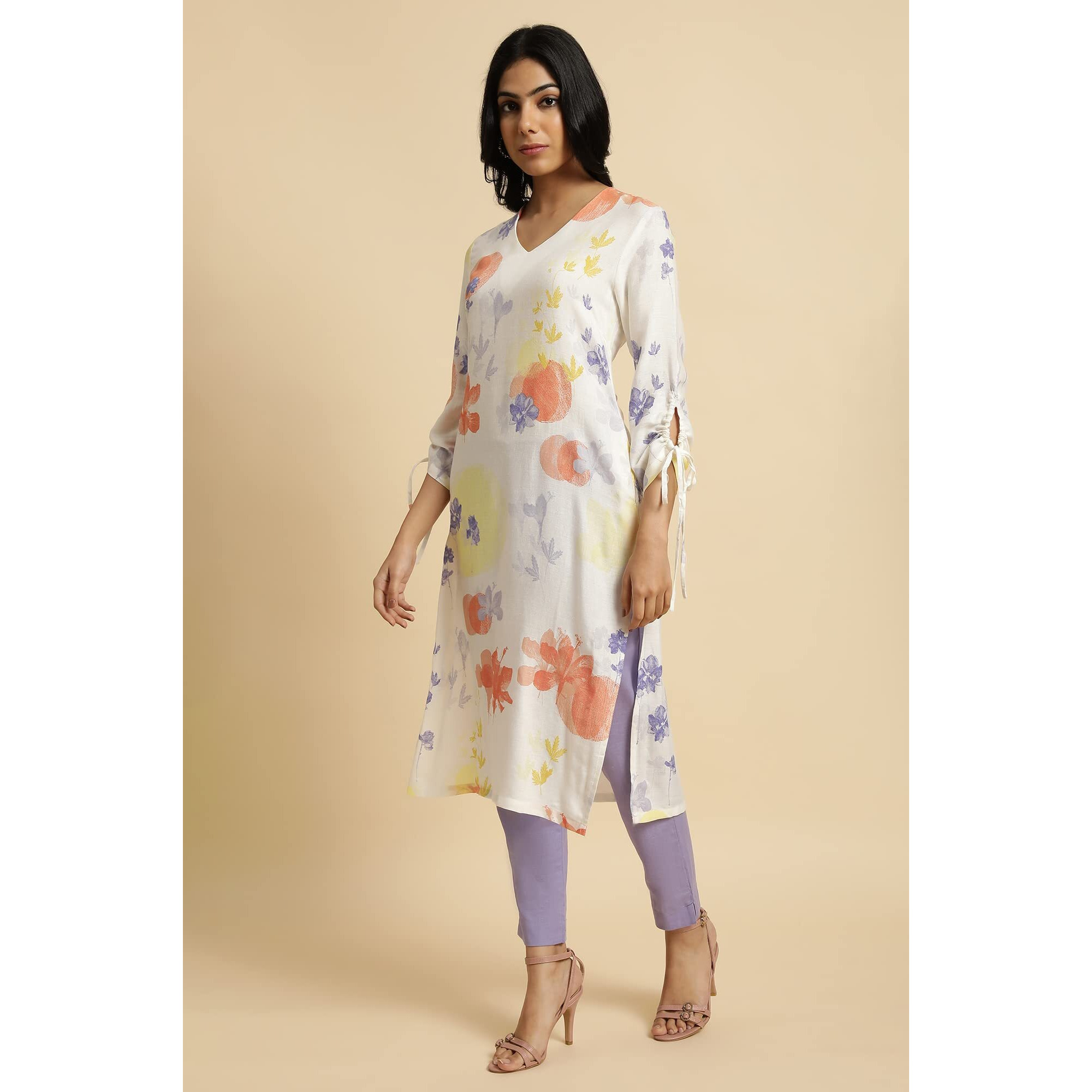 W For Woman Ecru Floral Printed Summer Straight Kurta (Size 2Xl)-23Few19358-121022