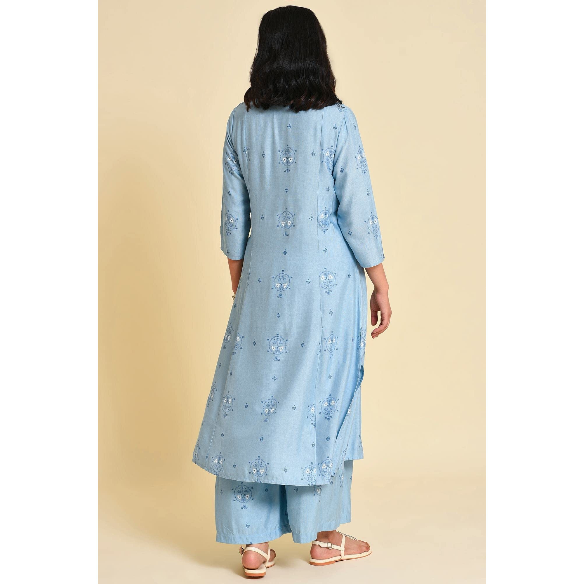 W For Woman Blue Printed Kurta Co-Ord Set (Size Xs)-23Fews19280-120835