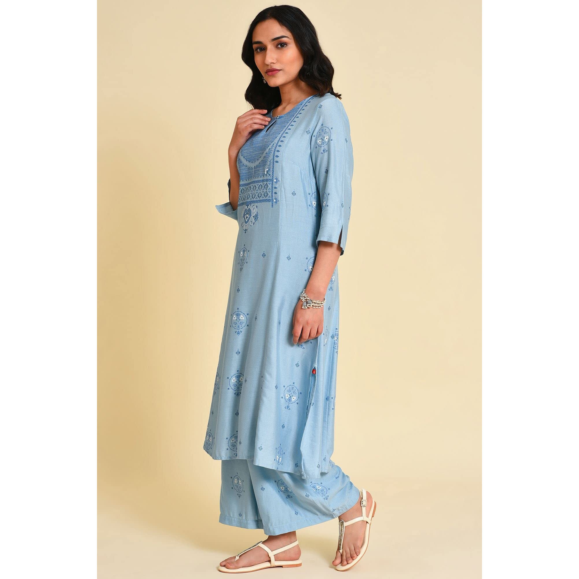 W For Woman Blue Printed Kurta Co-Ord Set (Size Xs)-23Fews19280-120835