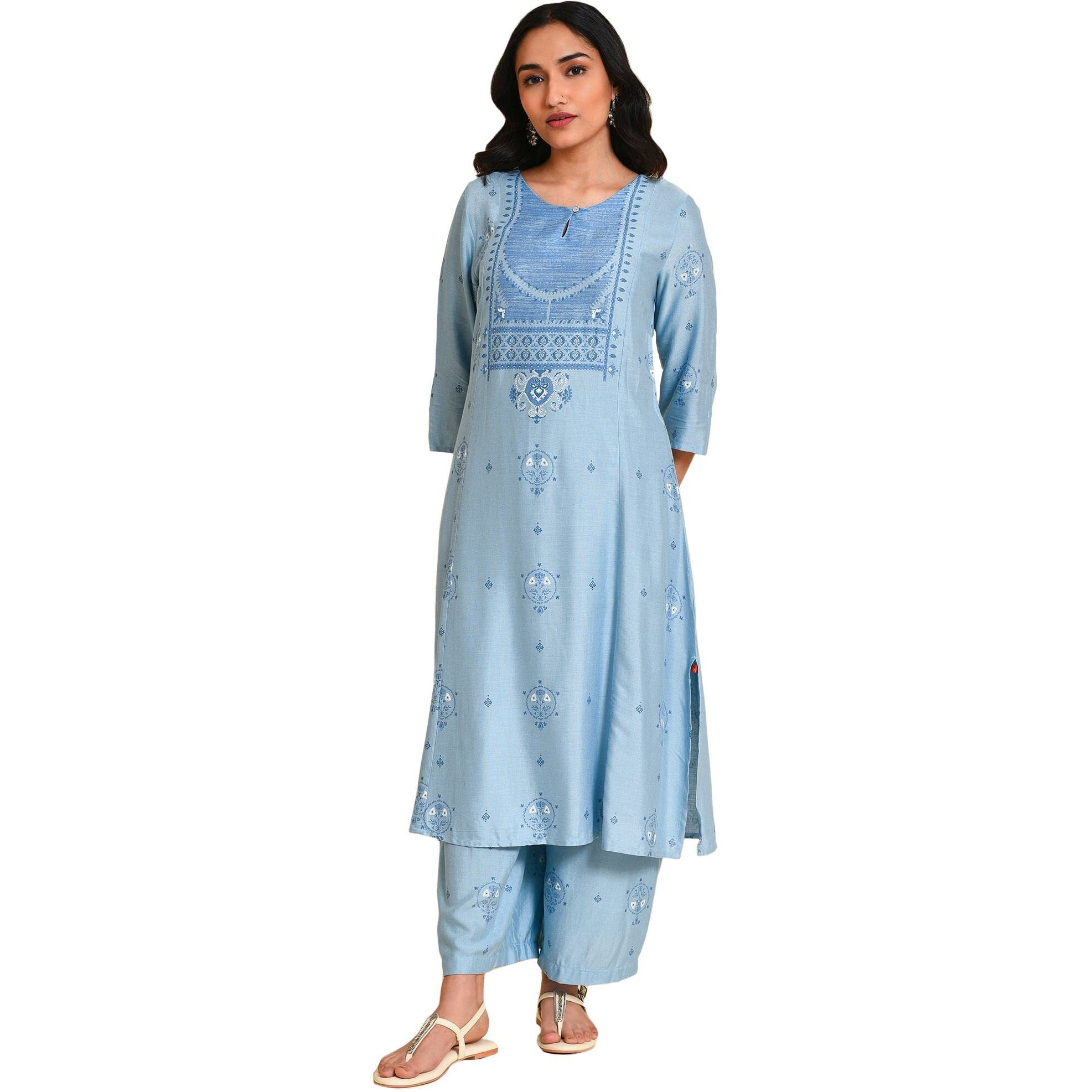 W For Woman Blue Printed Kurta Co-Ord Set (Size S)-23Fews19280-120835