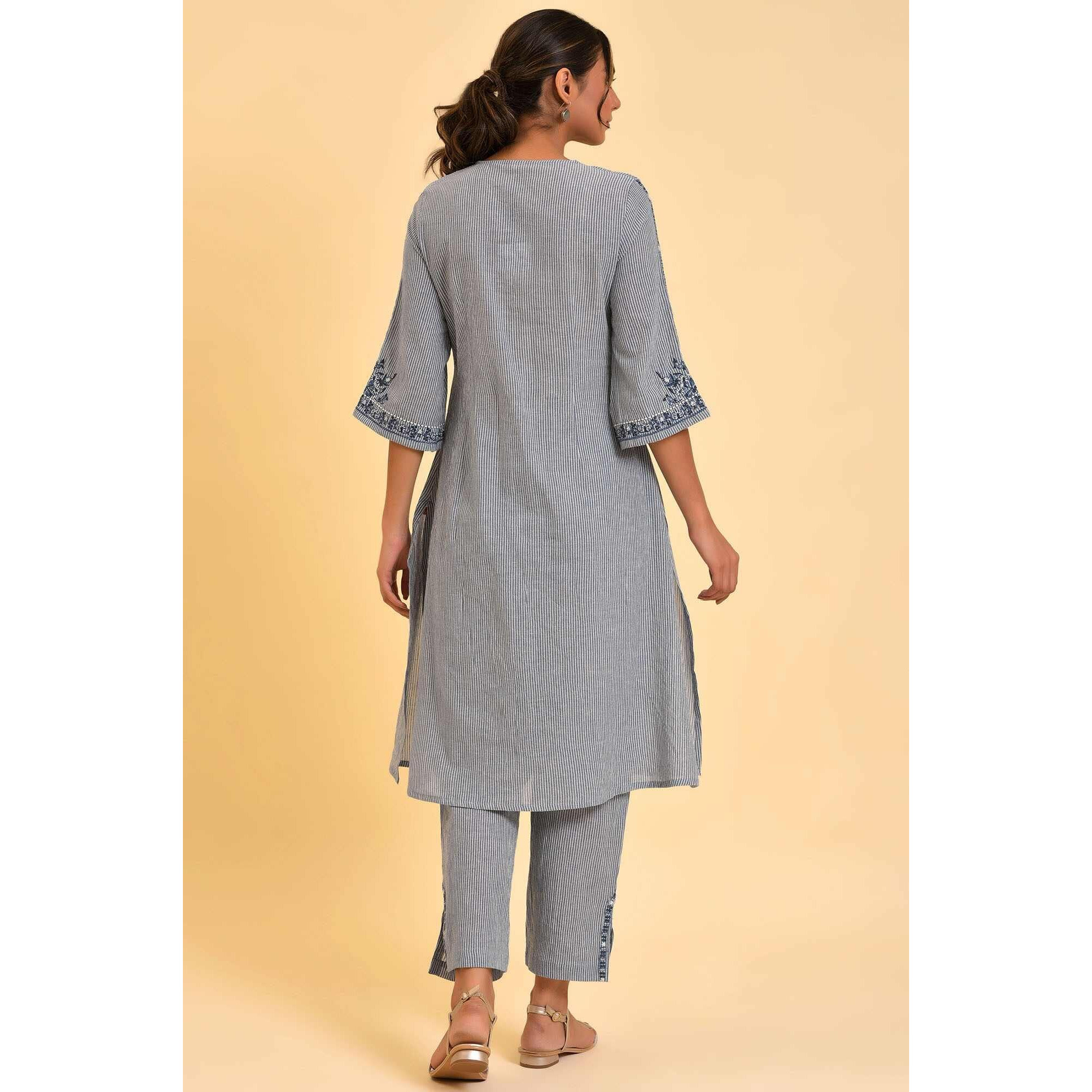 W For Woman Stripes Calf Length Cotton Woven Women's Kurta Pant Set (Blue,Small)