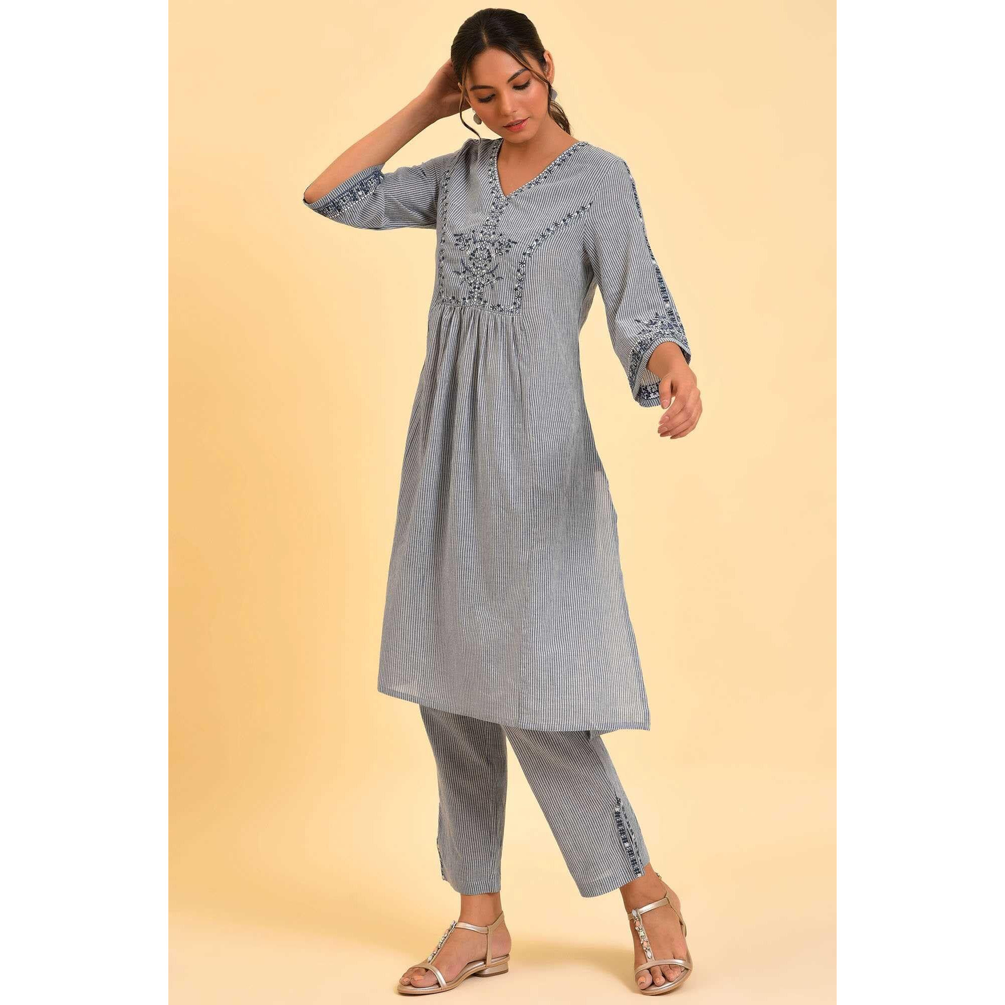 W For Woman Stripes Calf Length Cotton Woven Women's Kurta Pant Set (Blue,Small)