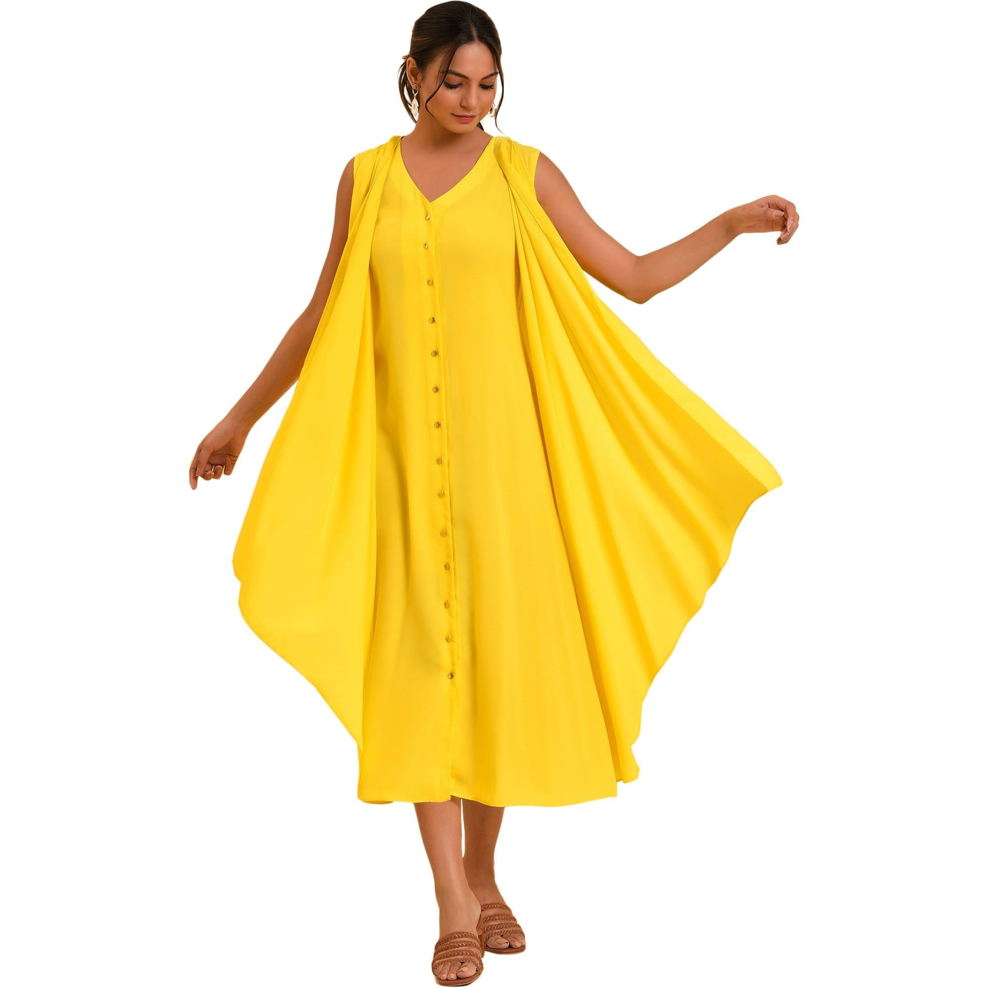 W For Woman Women's Polyester Yellow Fashionable Sleeveless Draped Dress Ankle Length 23Few18738-219038_Green Sheen