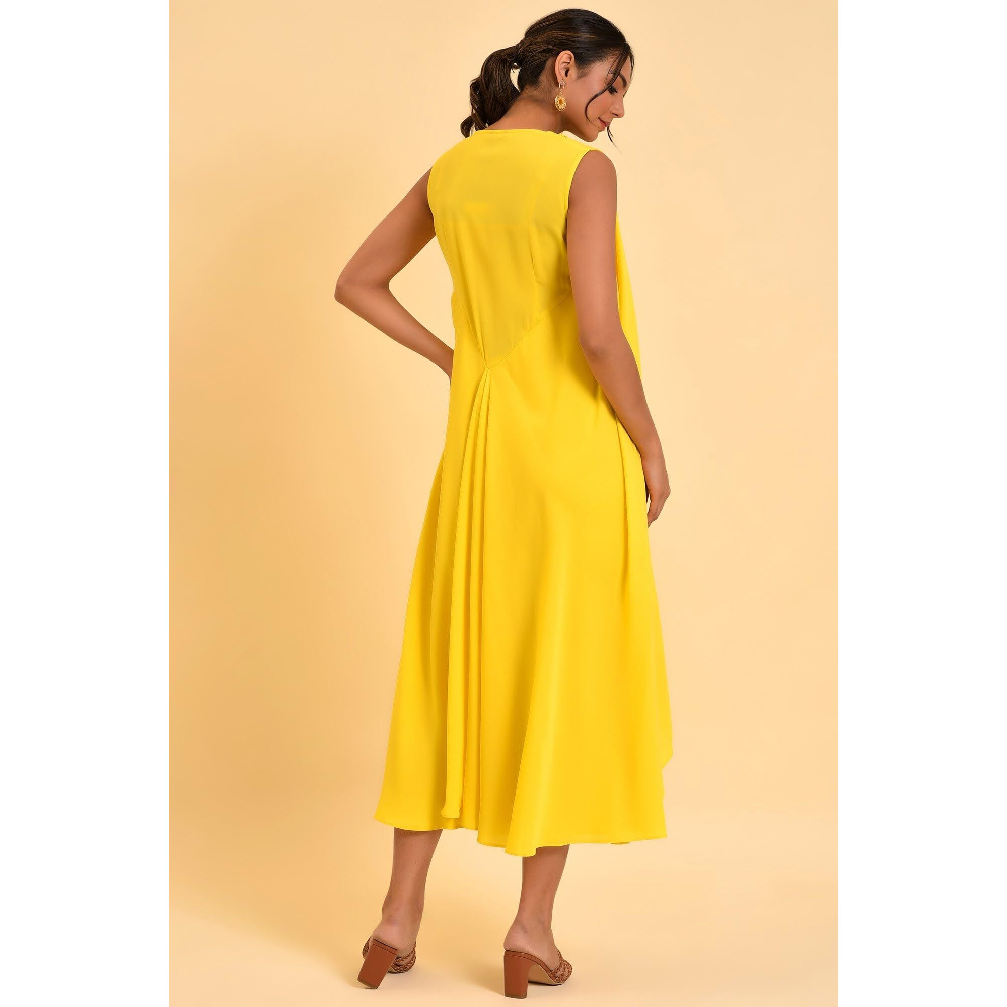 W For Woman Women's Polyester Yellow Fashionable Sleeveless Draped Dress Ankle Length 23Few18738-219038_Green Sheen