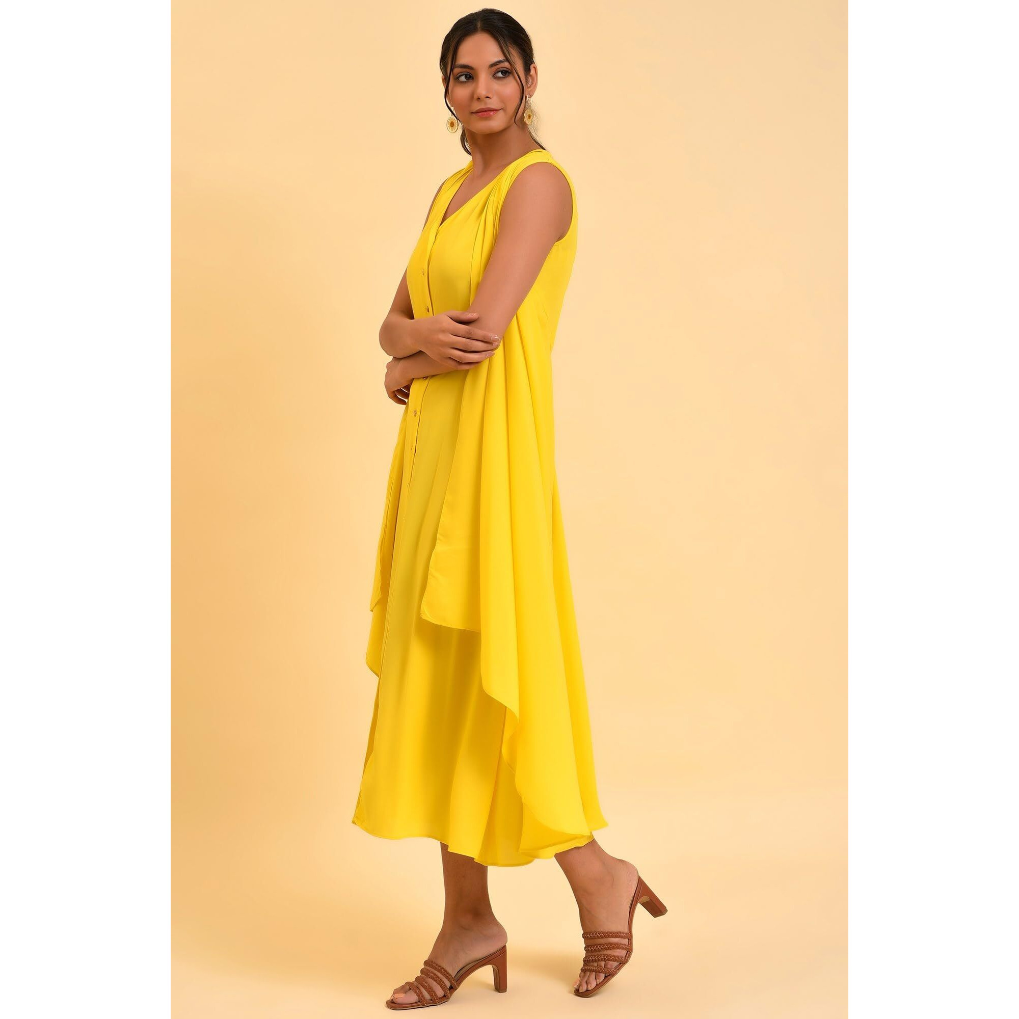 W For Woman Women's Polyester Yellow Fashionable Sleeveless Draped Dress Ankle Length 23Few18738-219038_Green Sheen