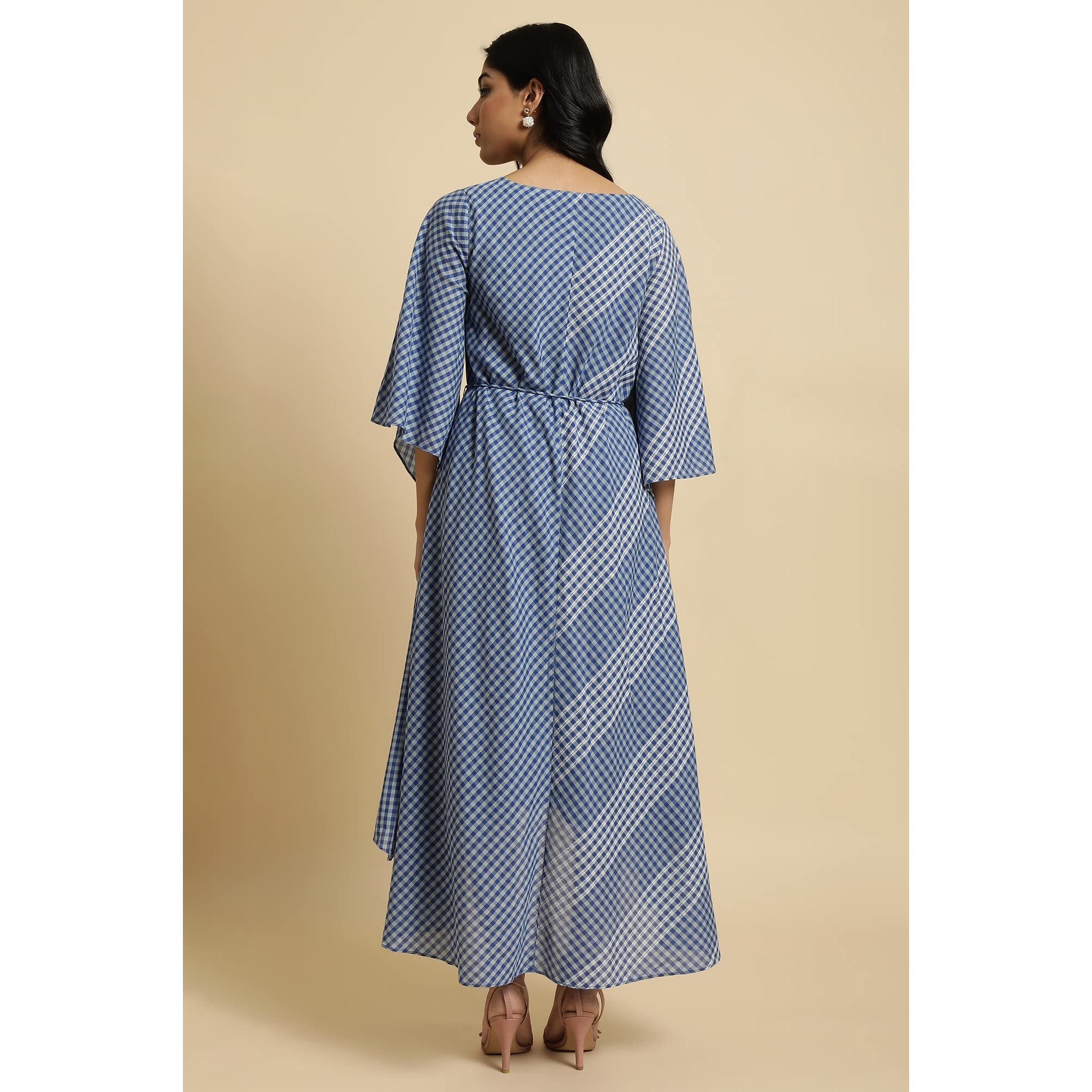 W For Woman Women's Rayon Blue Fluid Checkered Dress Calf Length (23Few18802-312800_True 10)