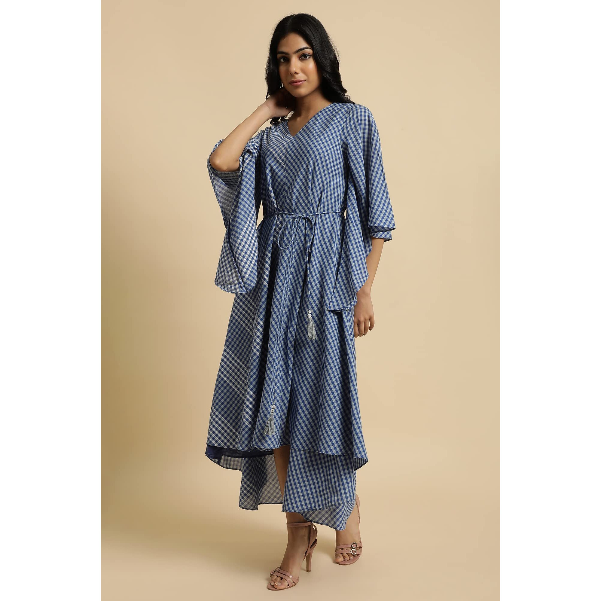 W For Woman Women's Rayon Blue Fluid Checkered Dress Calf Length (23Few18802-312800_True 10)