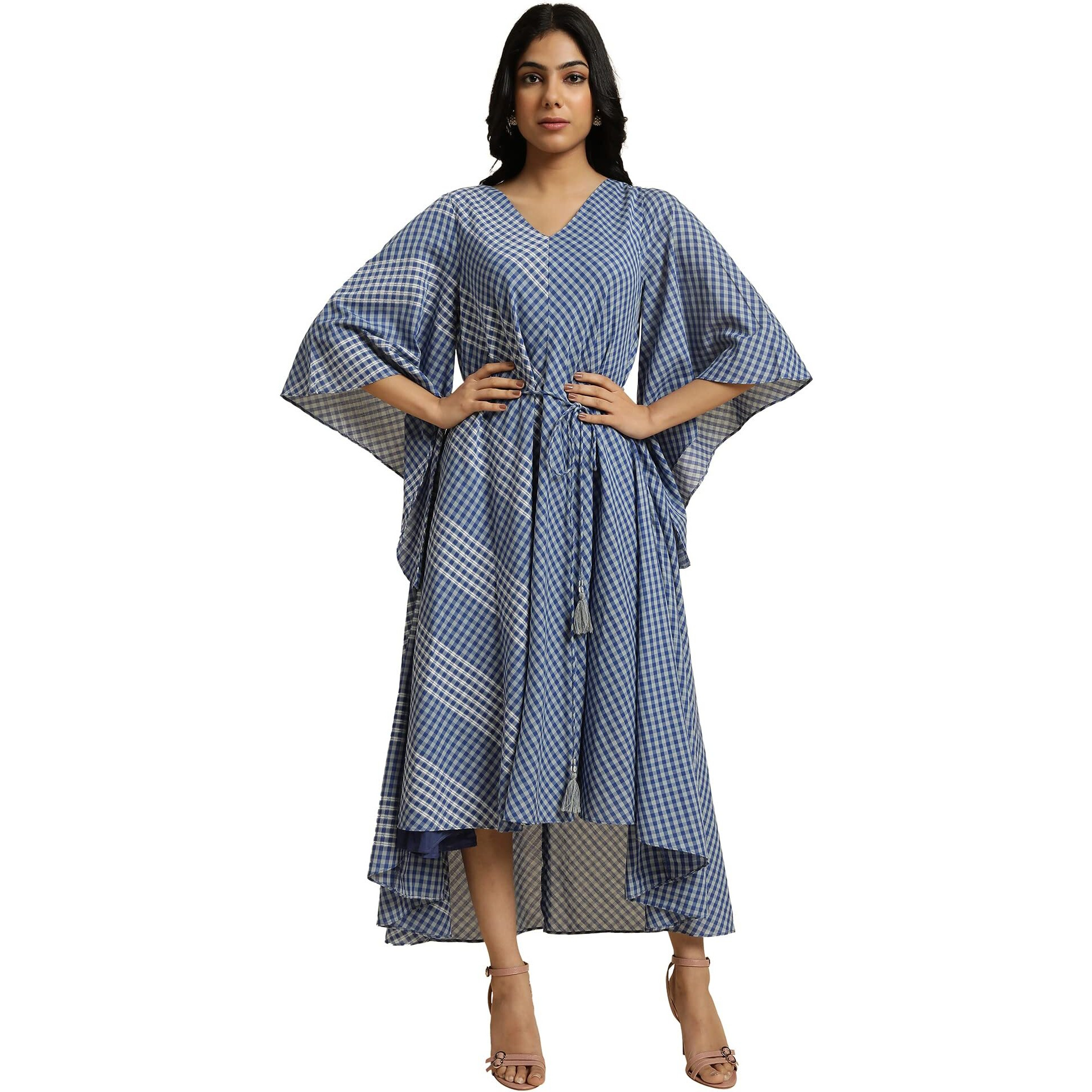W For Woman Women's Rayon Blue Fluid Checkered Dress Calf Length (23Few18802-312800_True 16)