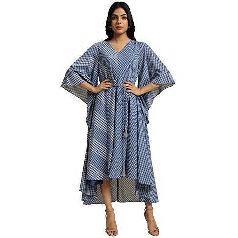 W For Woman Women's Rayon Blue Fluid Checkered Dress Calf Length (23Few18802-312800_True 18)