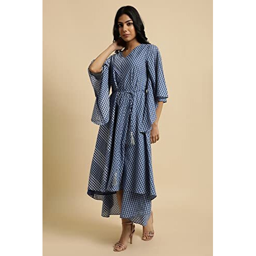 W For Woman Women's Rayon Blue Fluid Checkered Dress Calf Length (23Few18802-312800_True Xs)