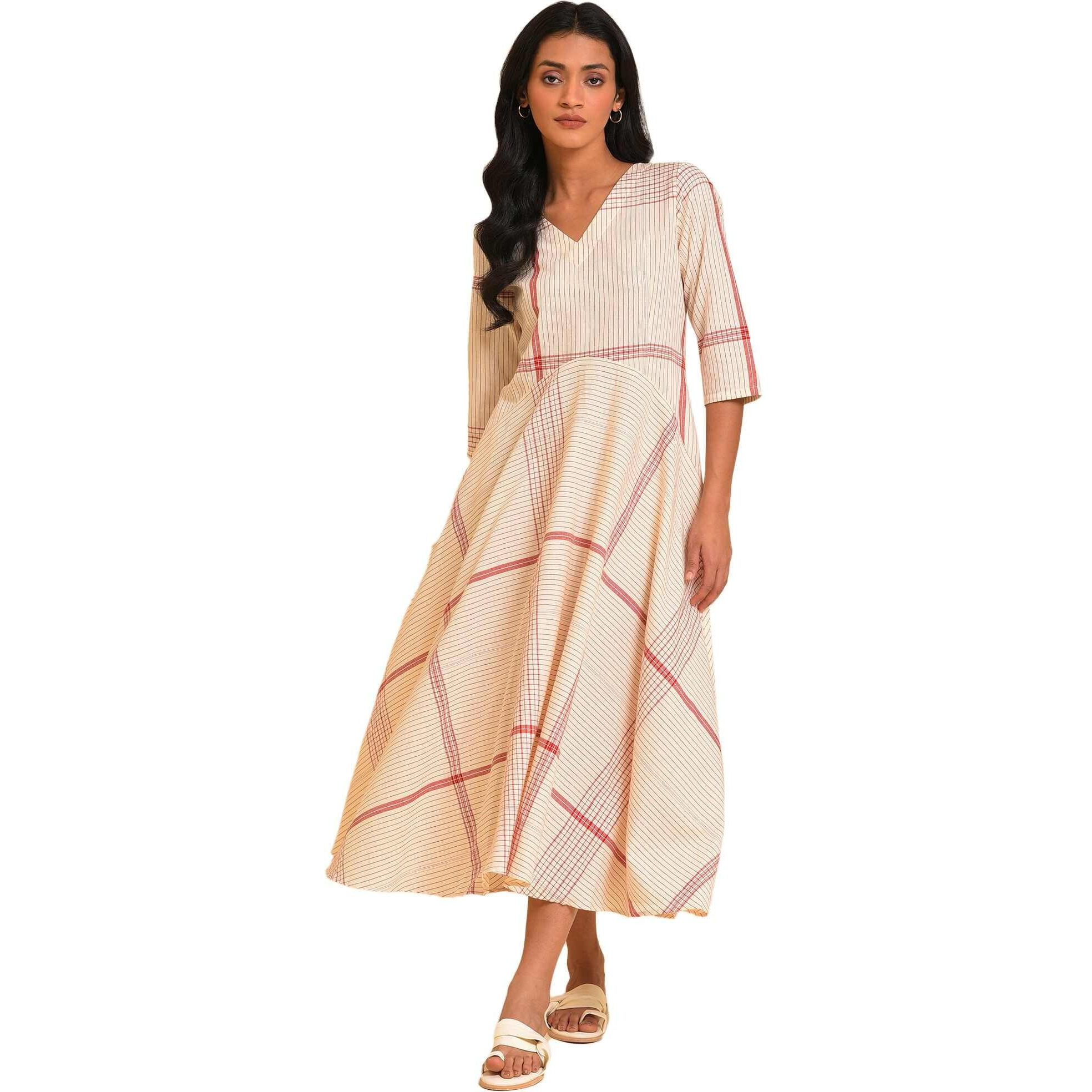 W For Woman Beige Playful Checkered Free Flowing Dress (Size M)-23Few18794-312778
