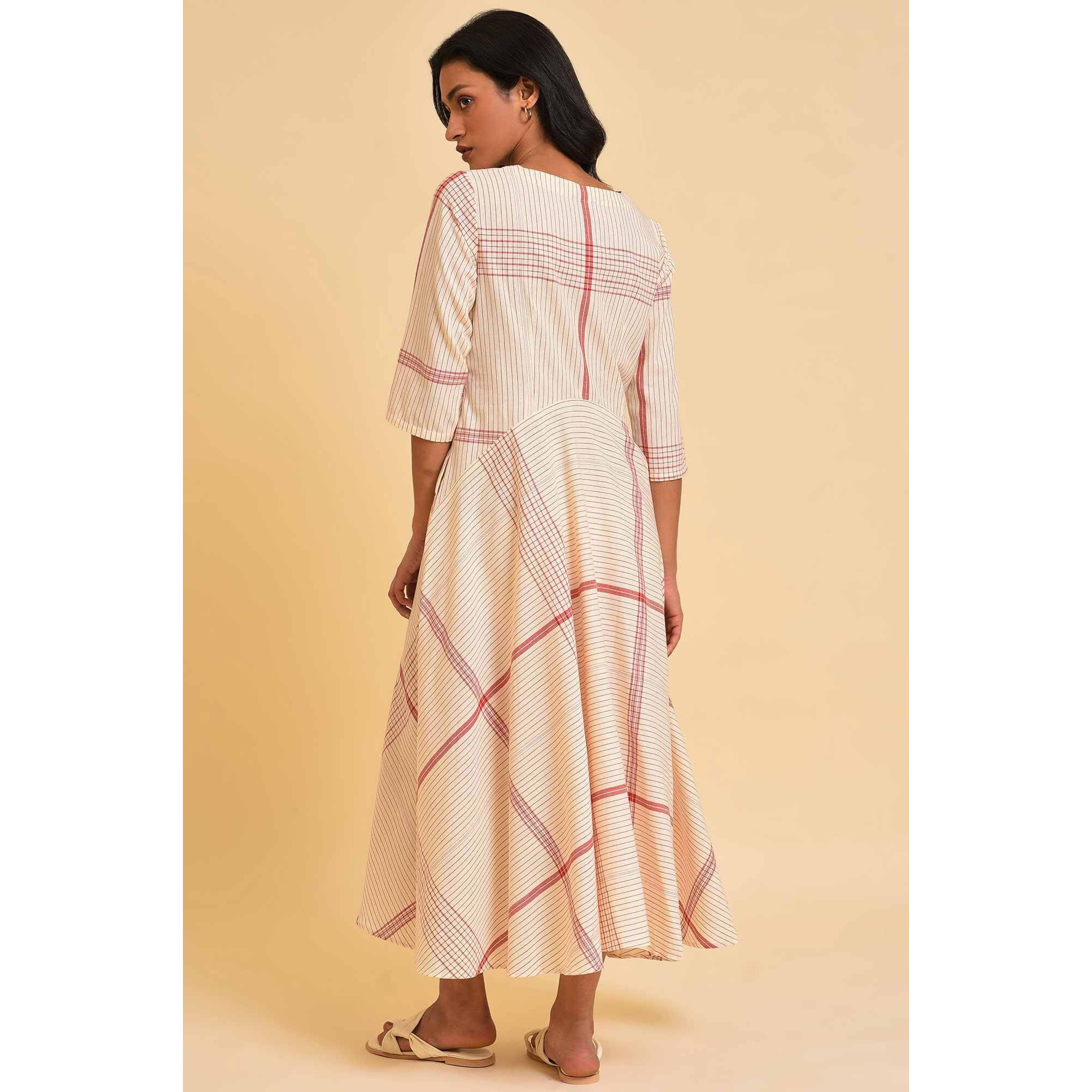 W For Woman Beige Playful Checkered Free Flowing Dress (Size M)-23Few18794-312778
