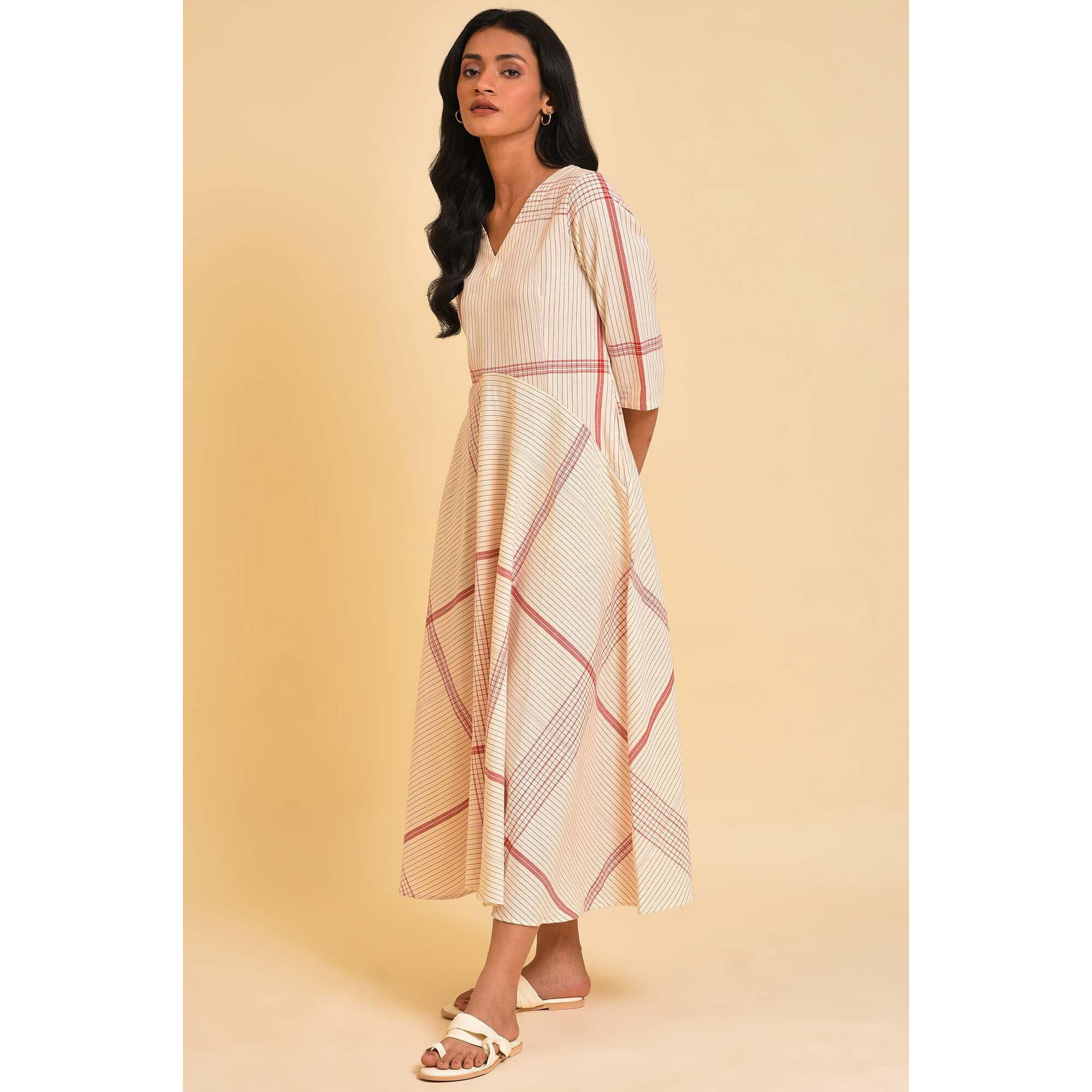 W For Woman Beige Playful Checkered Free Flowing Dress (Size M)-23Few18794-312778