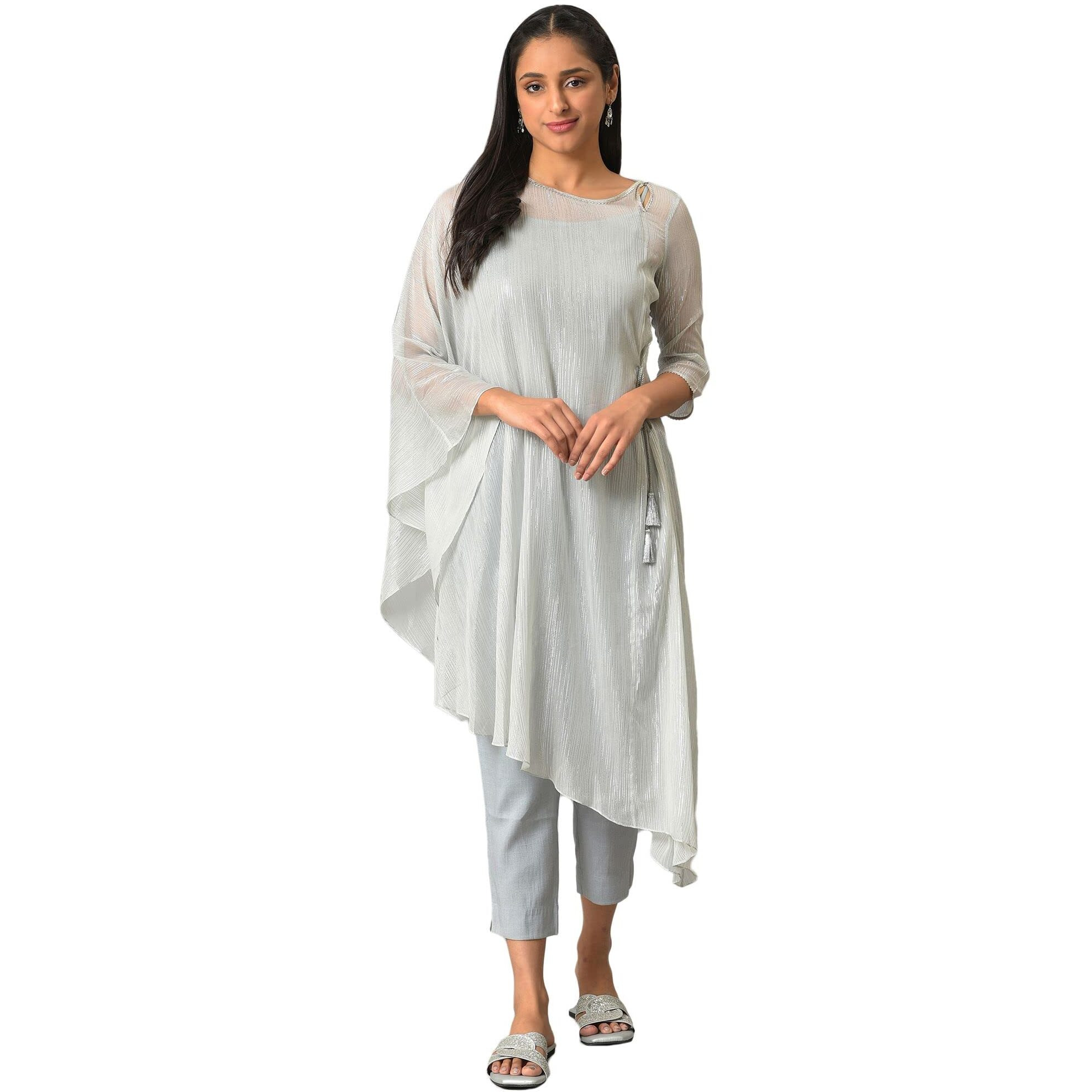 Aurelia Grey Self-Design Foil Kurta And Trousers Set