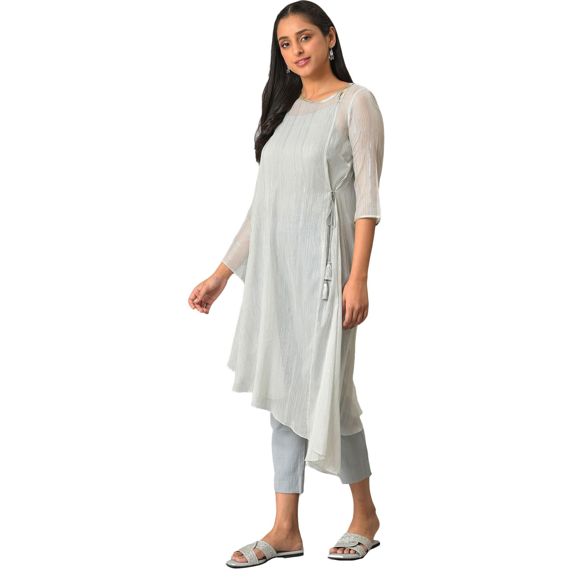 Aurelia Grey Self-Design Foil Kurta And Trousers Set